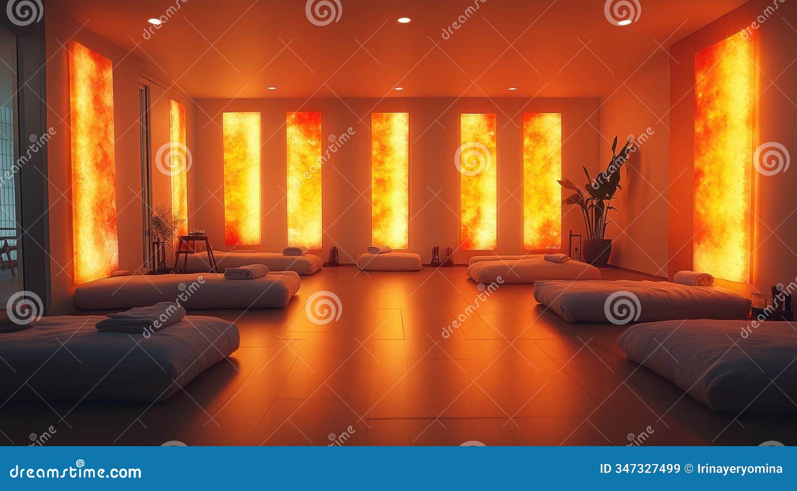 tranquil korean jjimjilbang spa featuring warm golden lighting and serene heated rooms with soft cushions and salt block