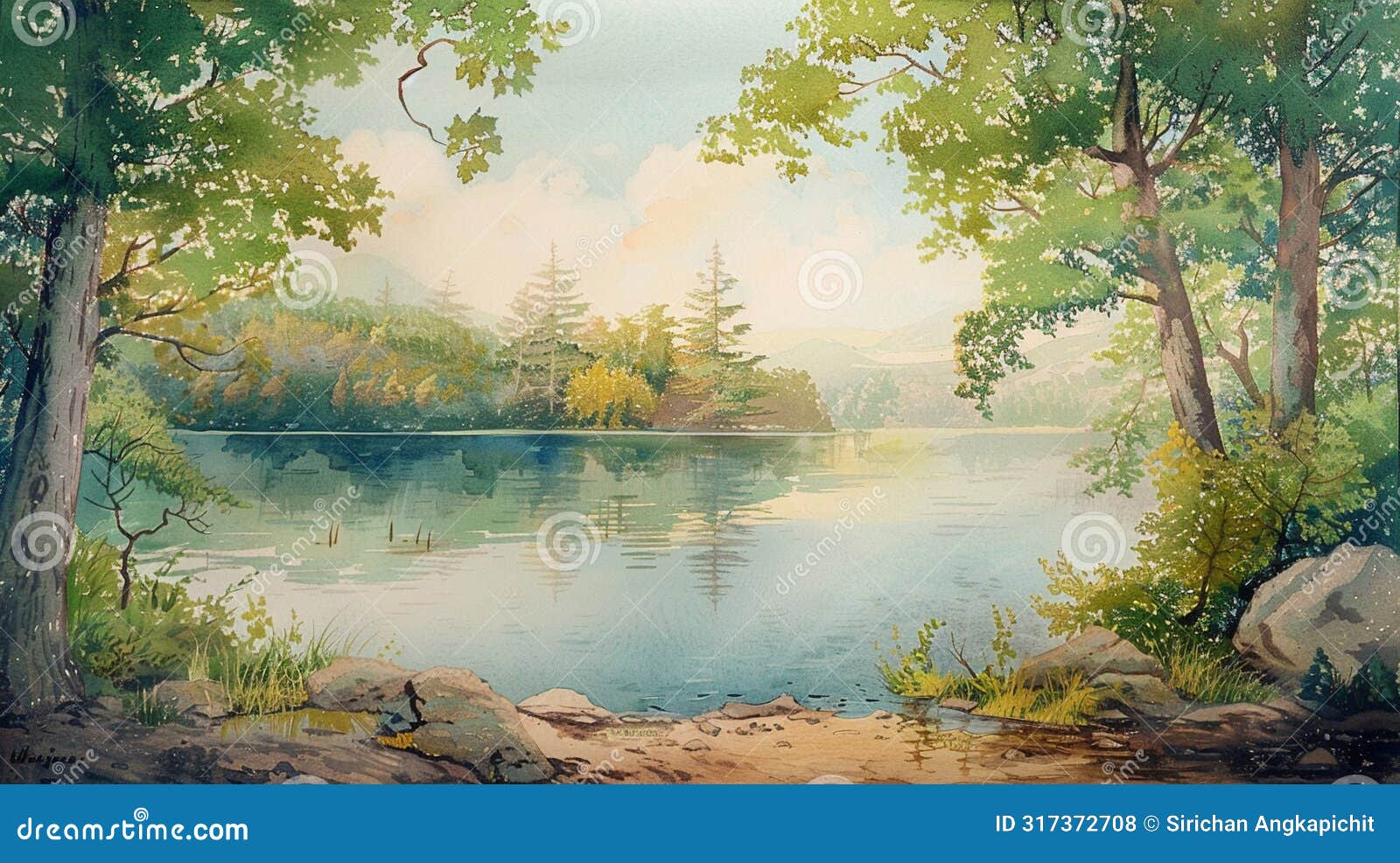 a tranquil lake scene, rendered in vertical pastel watercolors, evoking peace and stillness ai generate