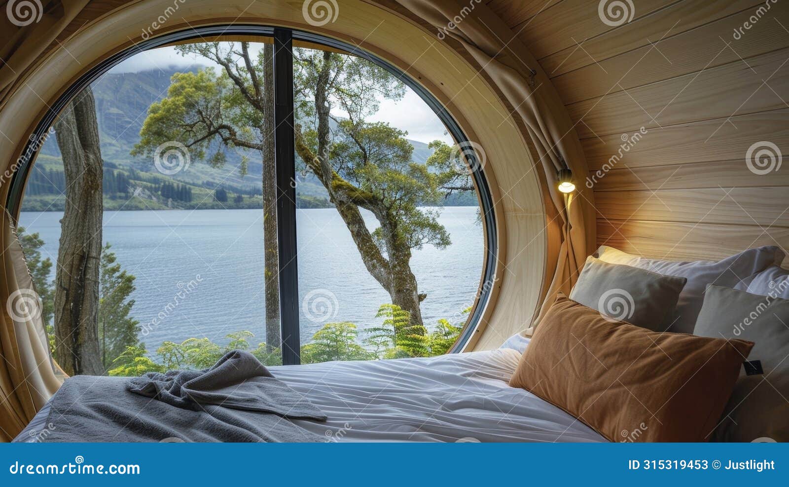 a tranquil lake view from the window of a pod offering the perfect backdrop for a restful slumber. 2d flat cartoon