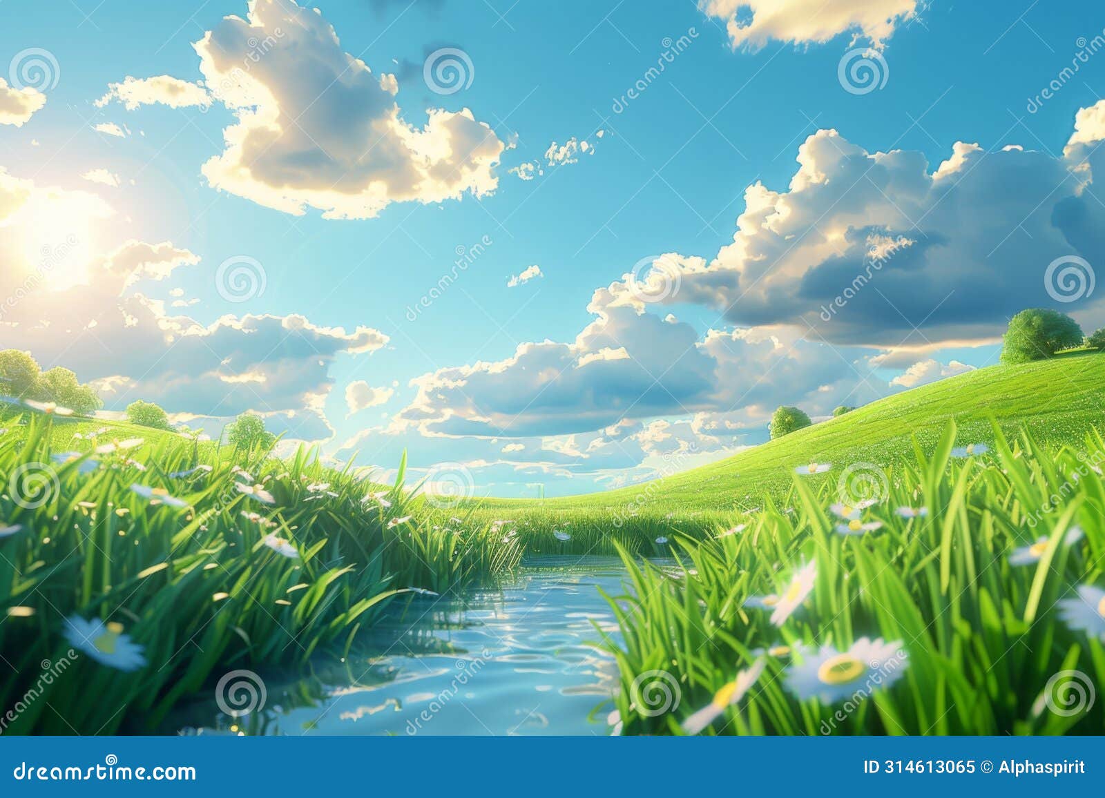 tranquil meadow with wildflowers and serene pond under a cloudy sunset sky