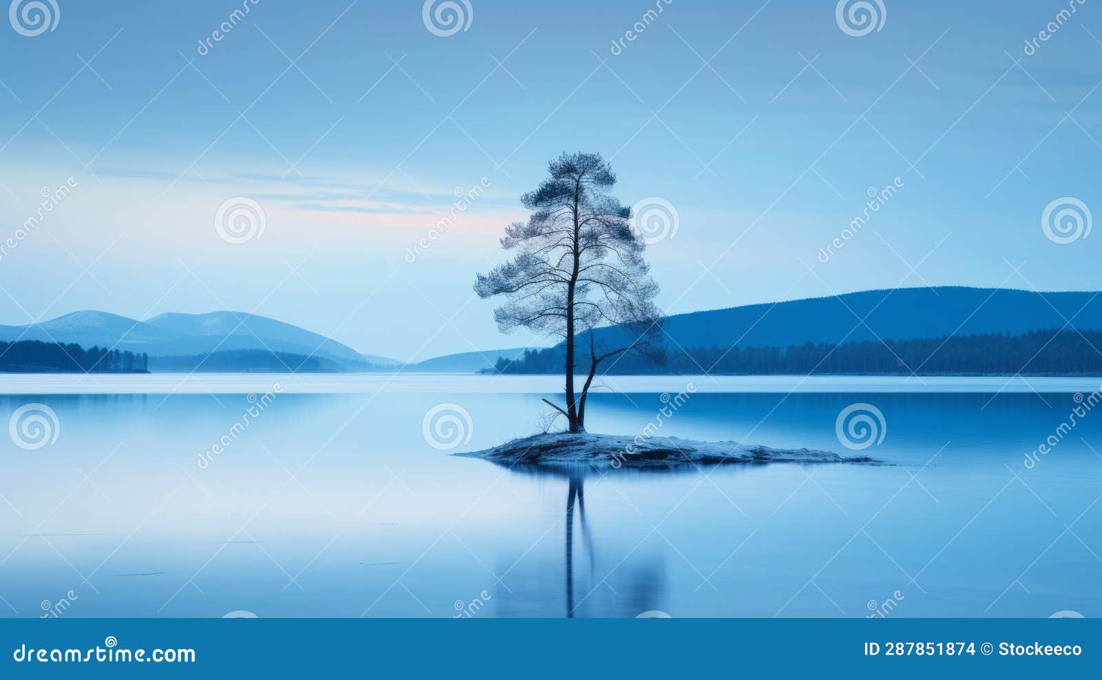 tranquil norwegian nature: lone tree by the lake at blue hour