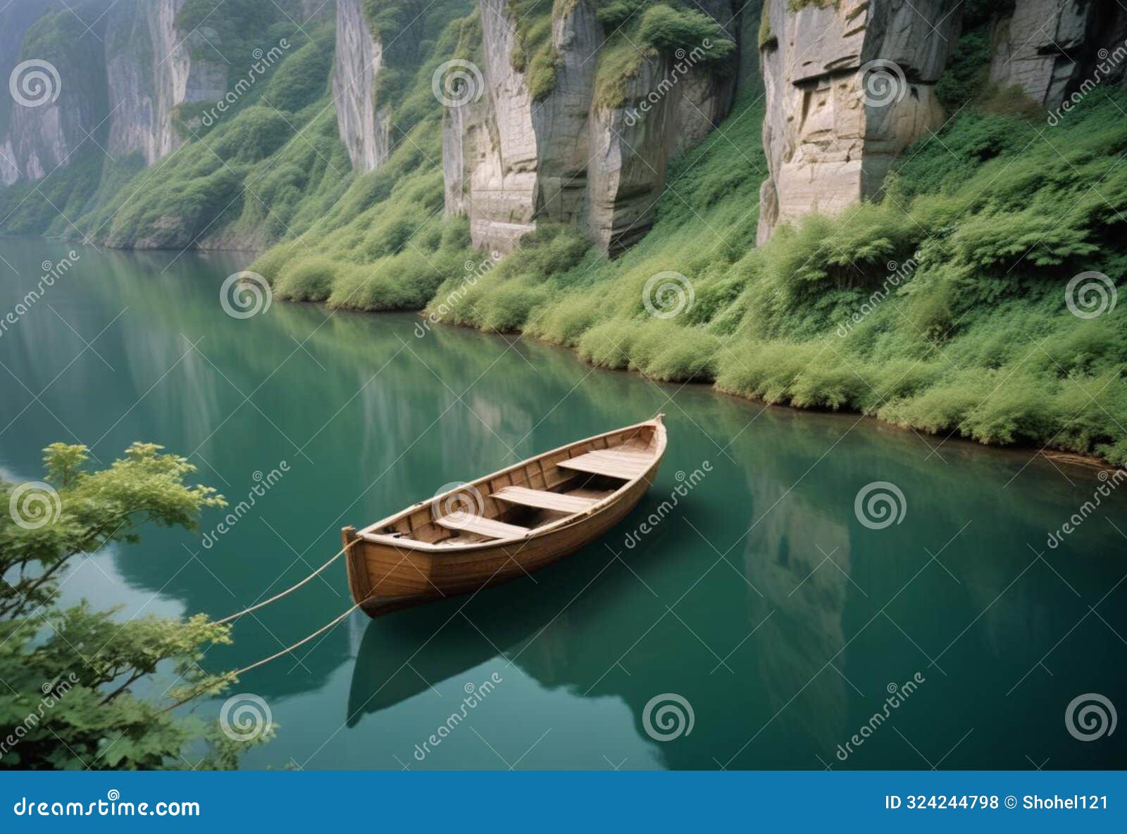 tranquil oasis: wooden boat in serene waters surrounded by towering cliffs and lush vegetation