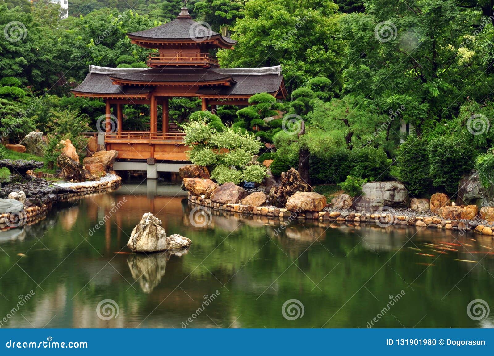 Tranquil Oriental Garden with Pond, Zen View of Calm Green Pond Water