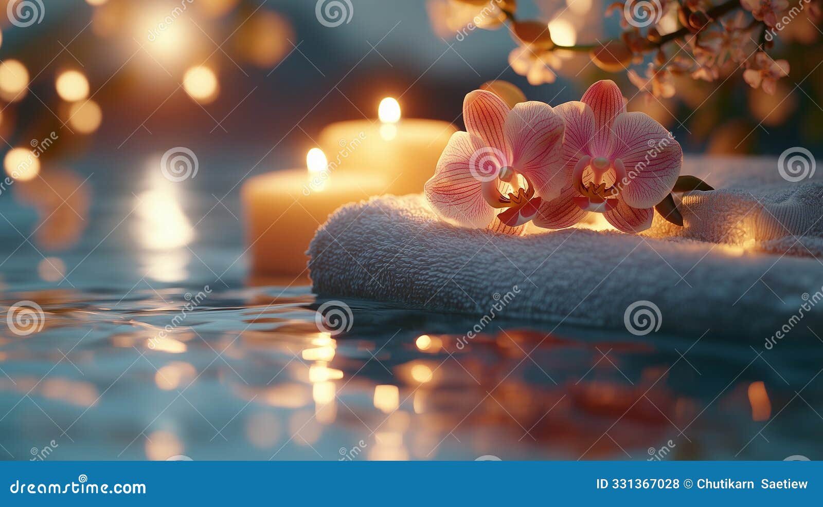 serene orchid spa scene with candlelight reflection, ai generated