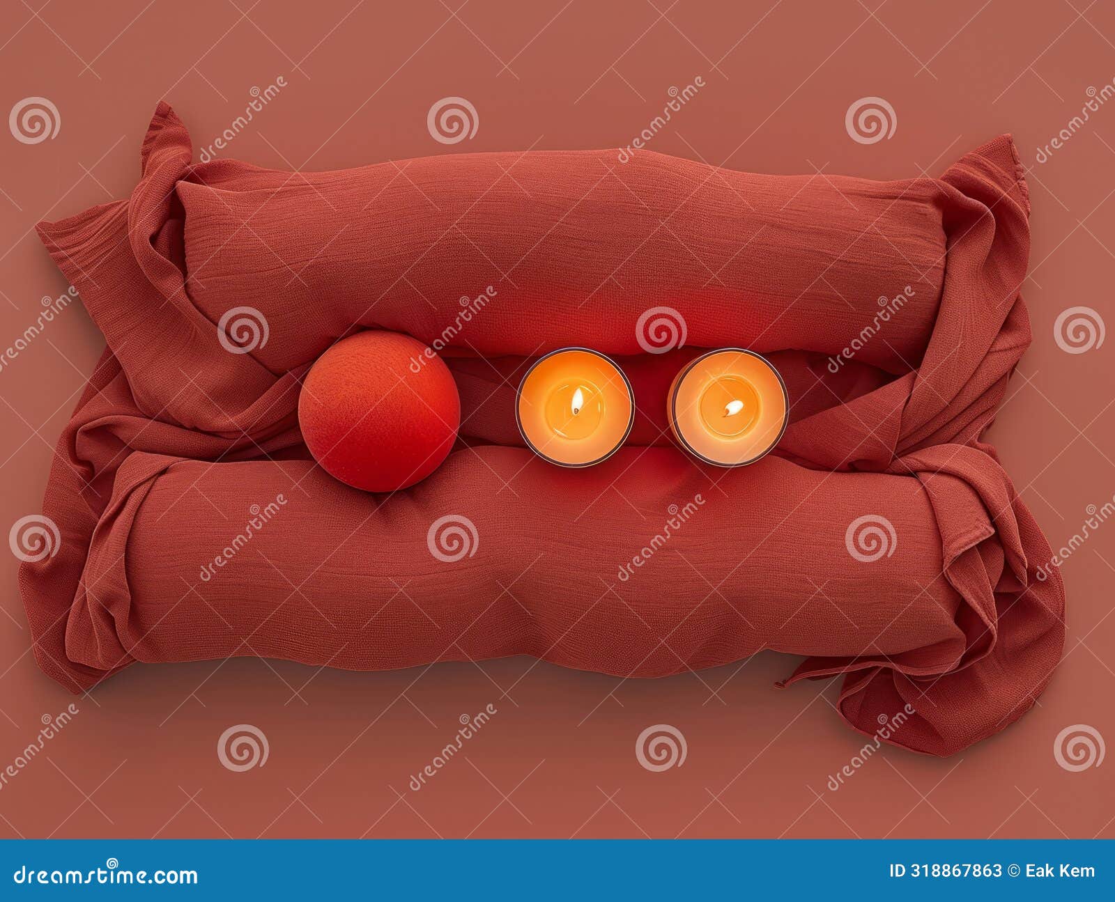 tranquil spa setting with warm colored candles, plush towels, and relaxation ball for soothing ambiance and calm