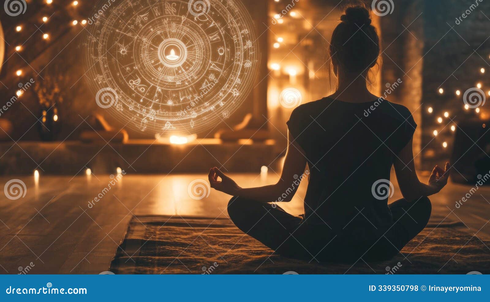 a person practices meditation surrounded by zodiac s in a serene setting