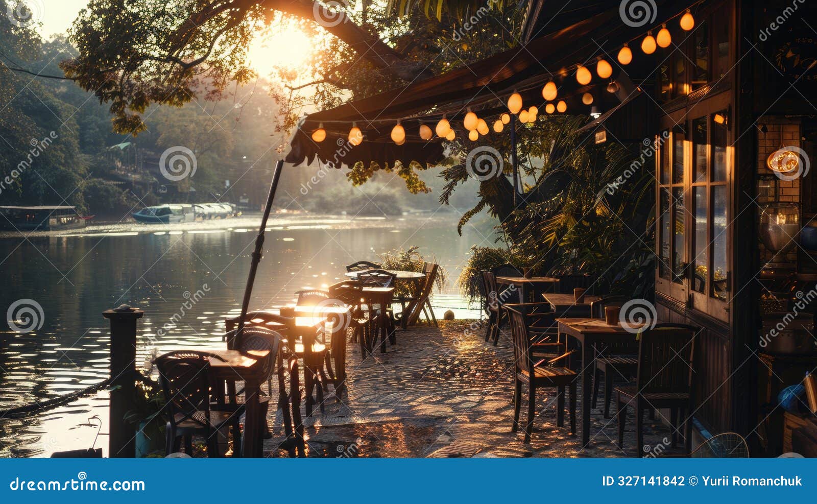 tranquil study setting at riverside cafe with bossa nova music realistic photo