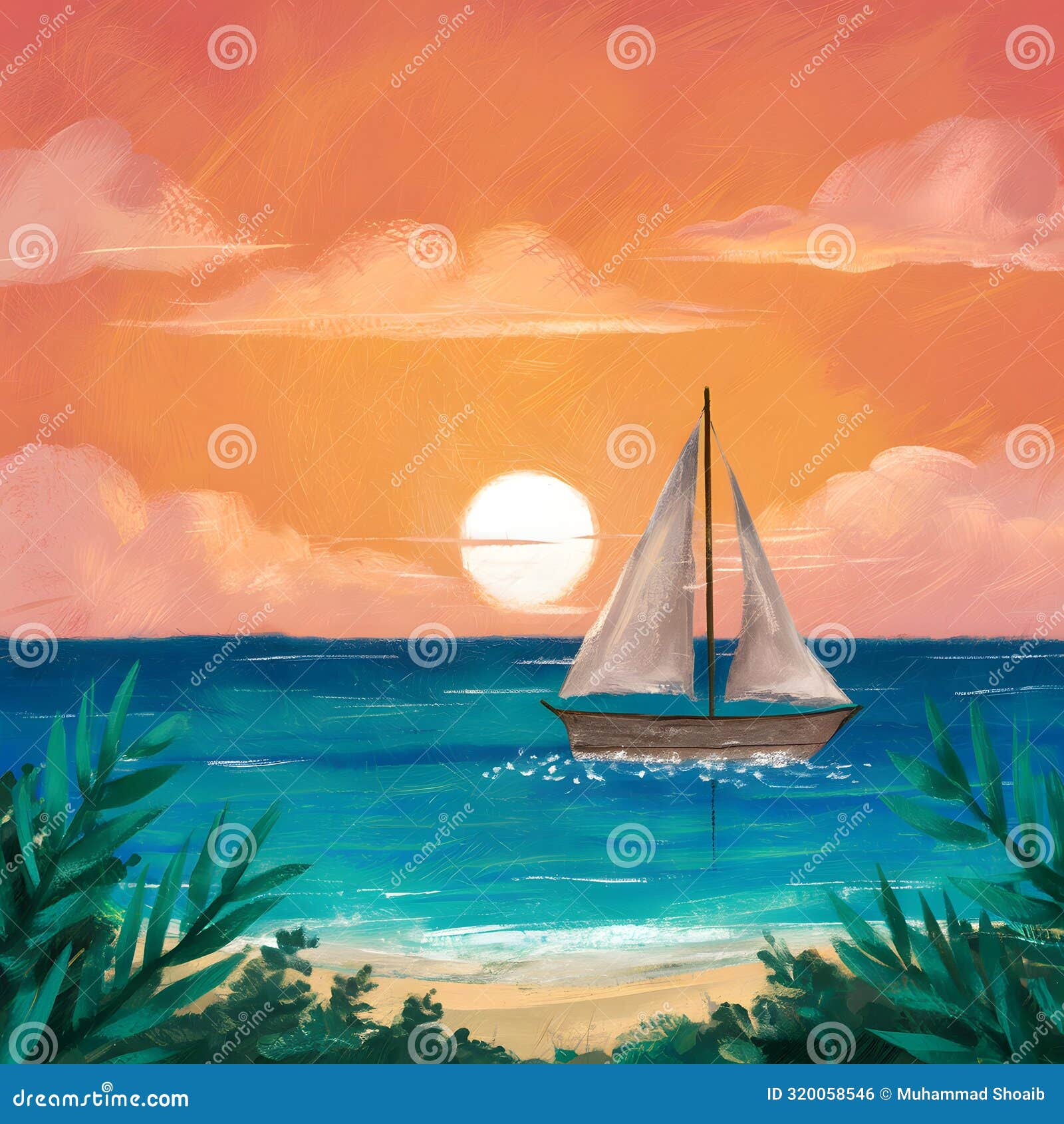 tranquil tropical beach sunset with sailboat, orange-pink sky, turquoise waters, lush foliage.