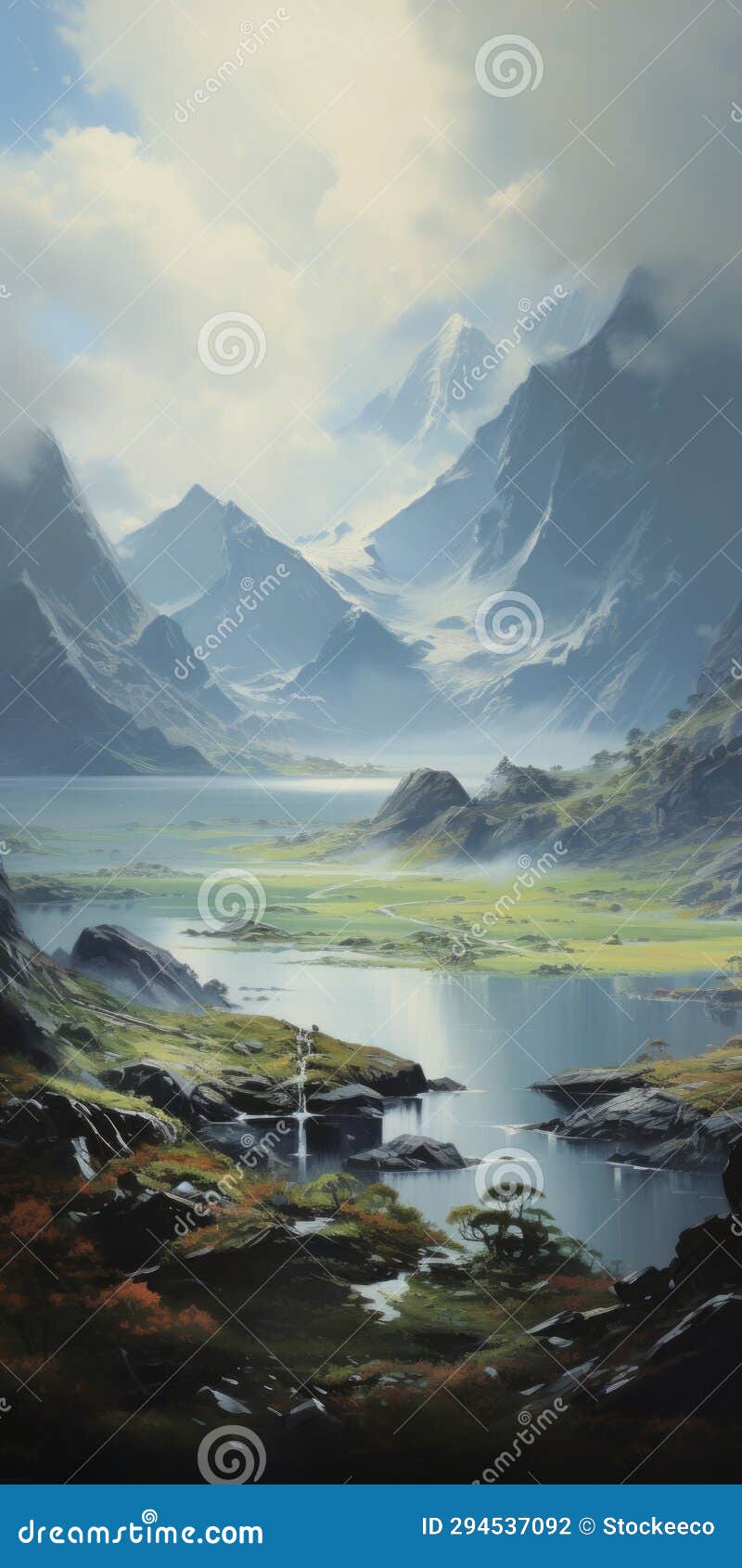 tranquil valley a serene fjord painting in the style of dalhart windberg
