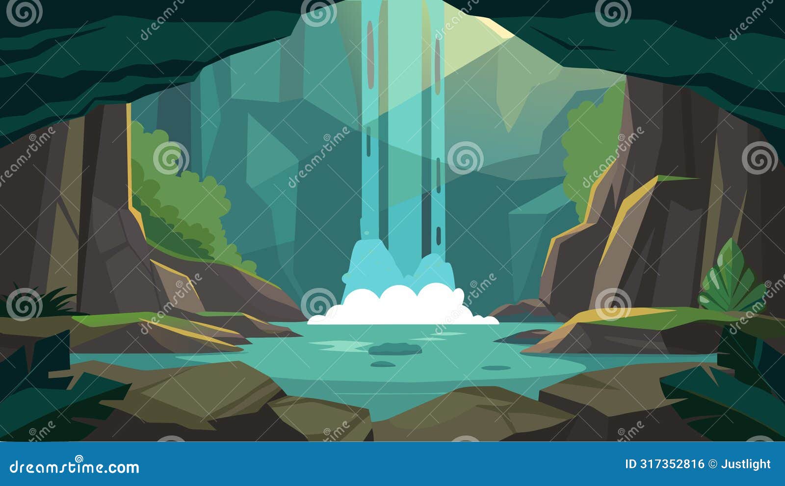 a tranquil waterfall in a hidden cave where you can do rock climbing and core strengthening exercises while listening to