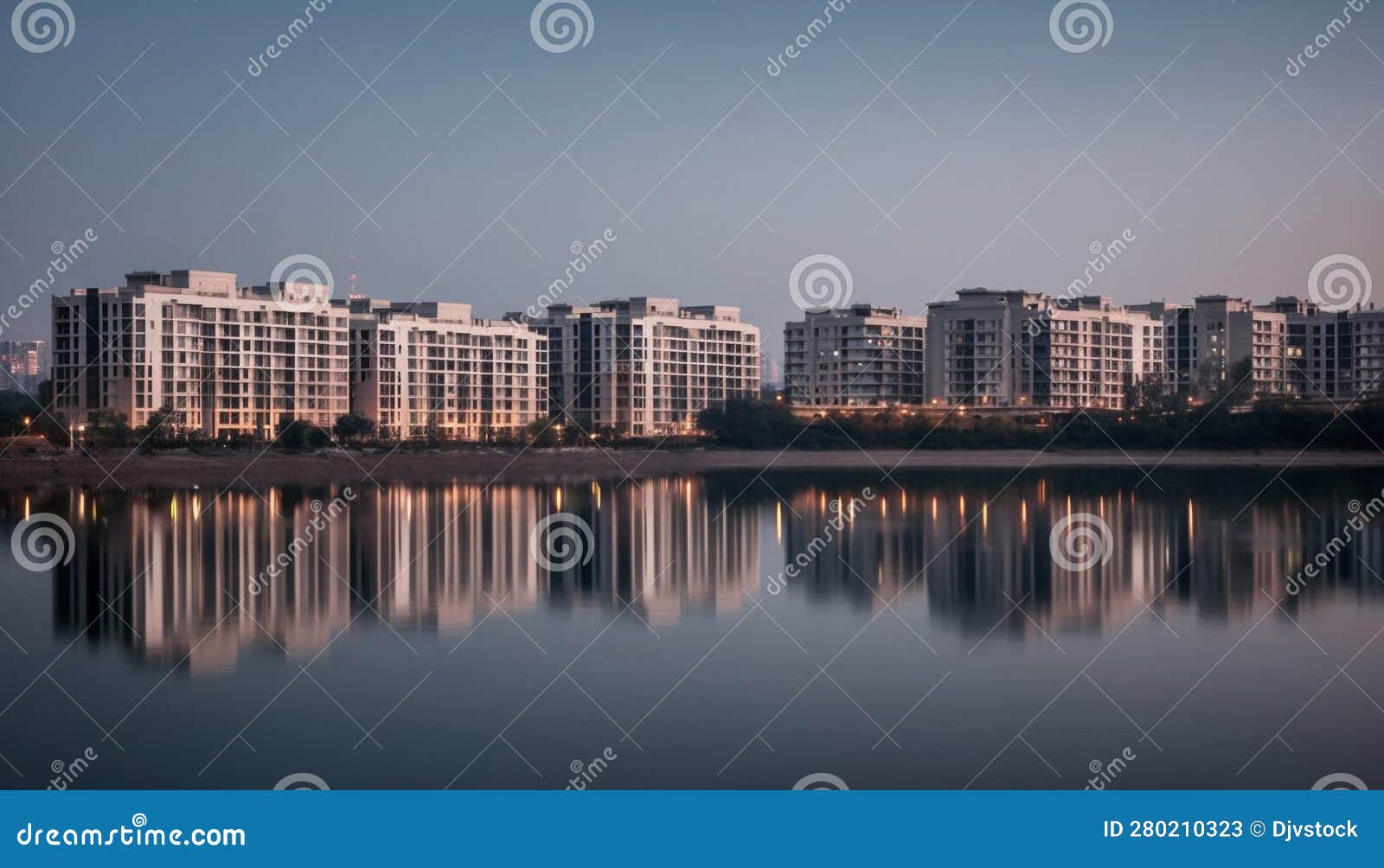 Tranquil Waterfront Silhouette at Dusk, Modern City Skyline Illuminated