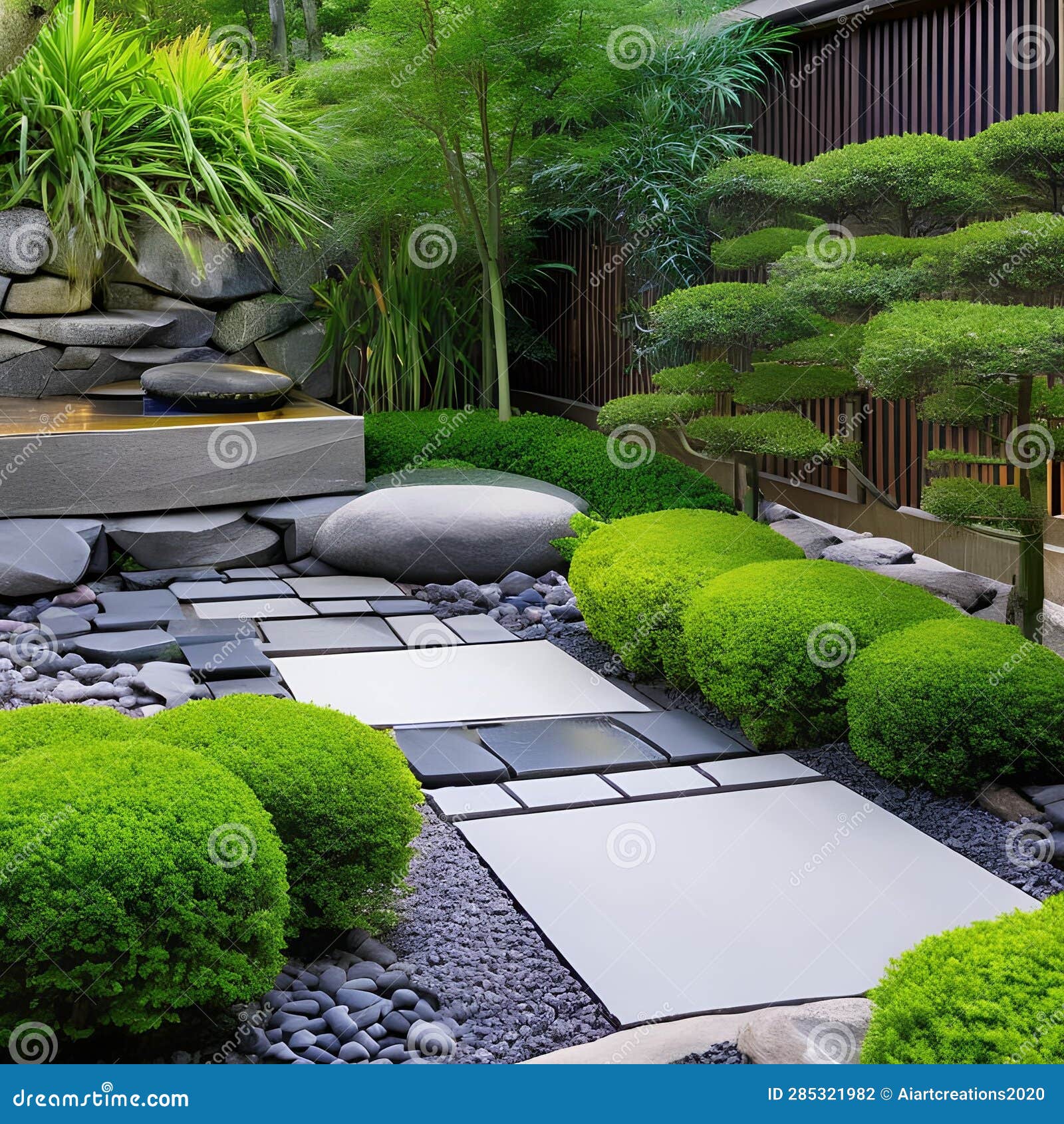 A Tranquil Zen Garden Courtyard with a Koi Pond, Bamboo Fence, and ...