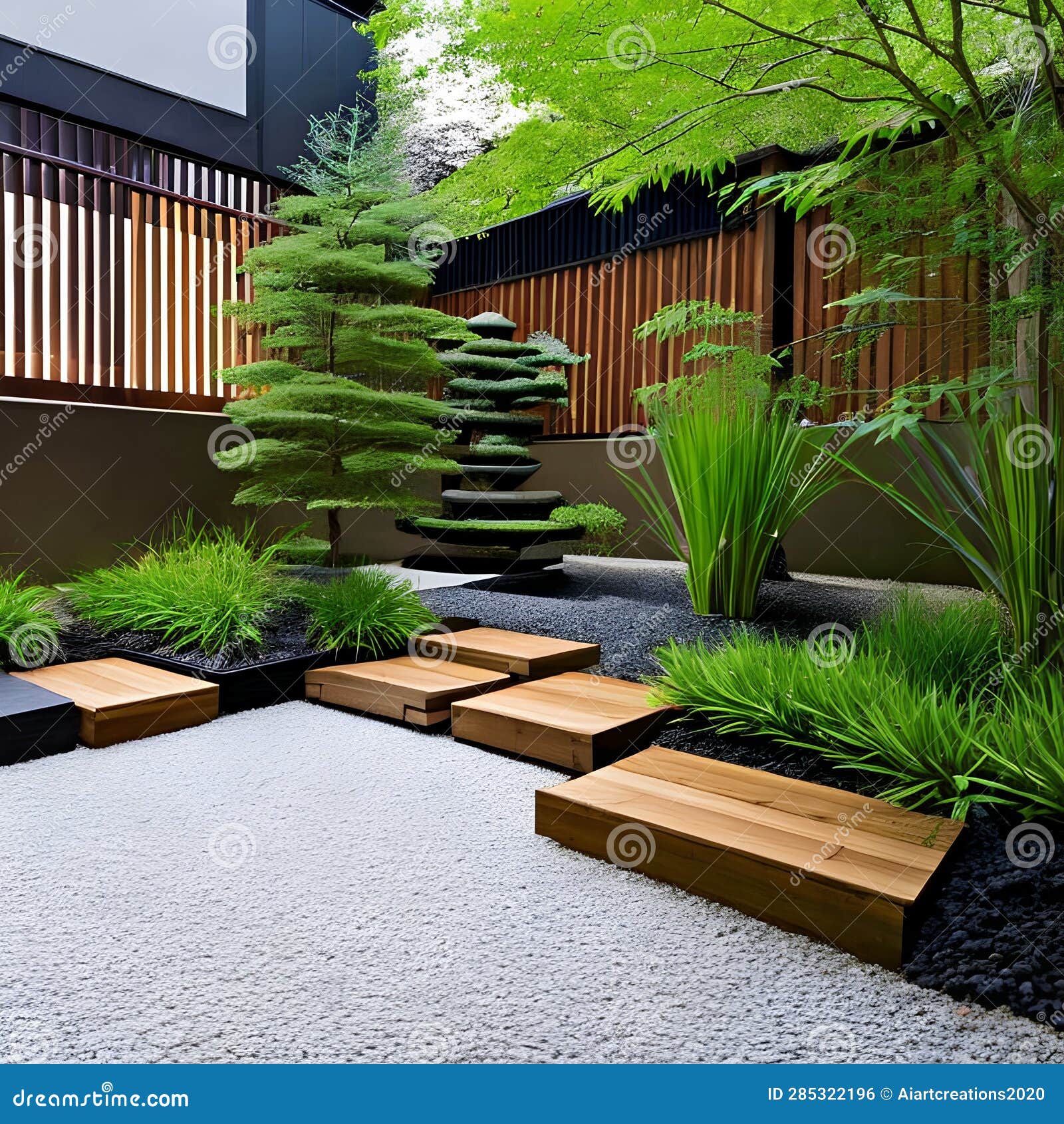 A Tranquil Zen Garden Courtyard with a Koi Pond, Bamboo Fence, and ...