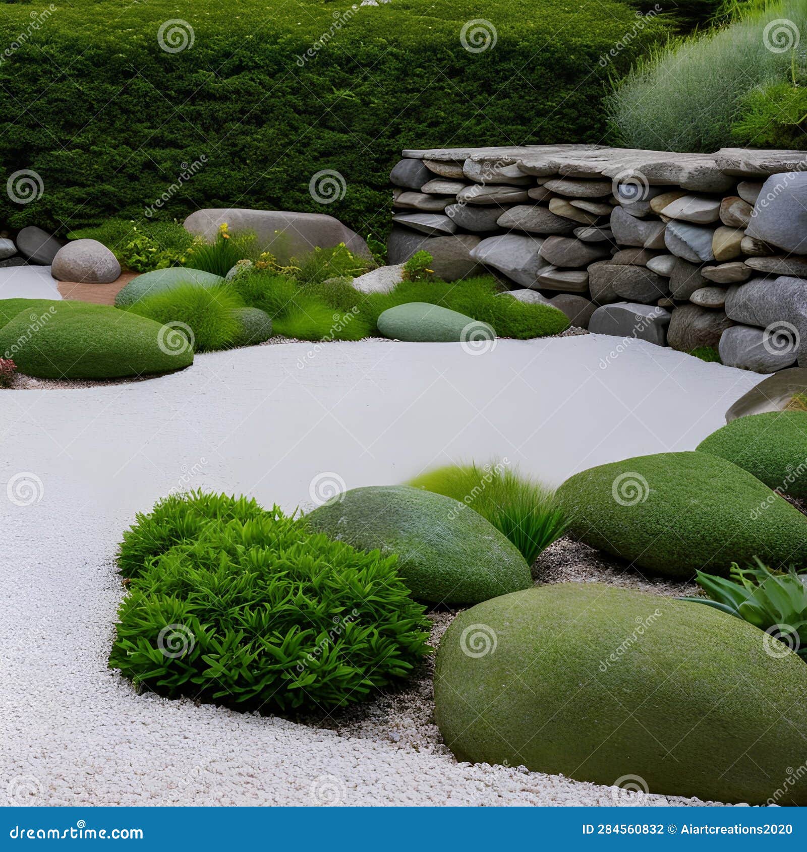 259 a Tranquil Zen Garden with Meticulously Raked Gravel, Serene Rock ...