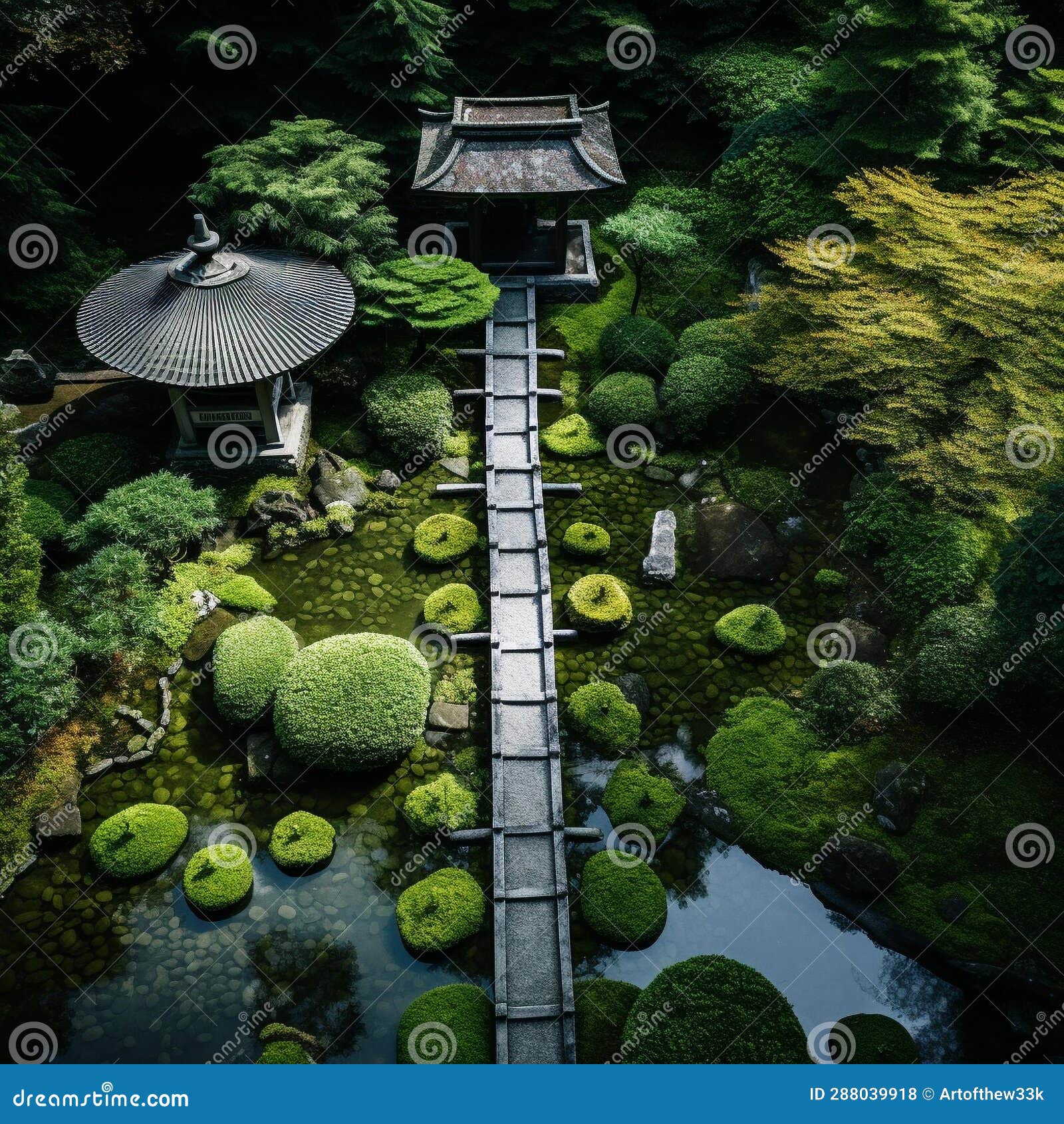 tranquil zen garden: serene aerial view of pristine gravel pattern, koi pond, and pagoda