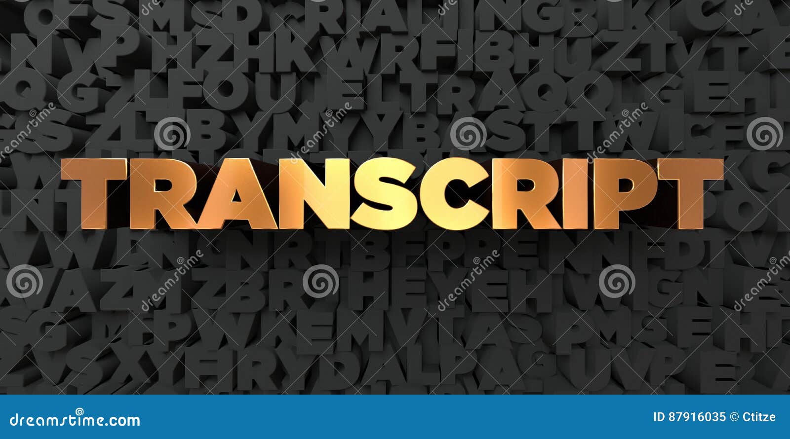 transcript - gold text on black background - 3d rendered royalty free stock picture