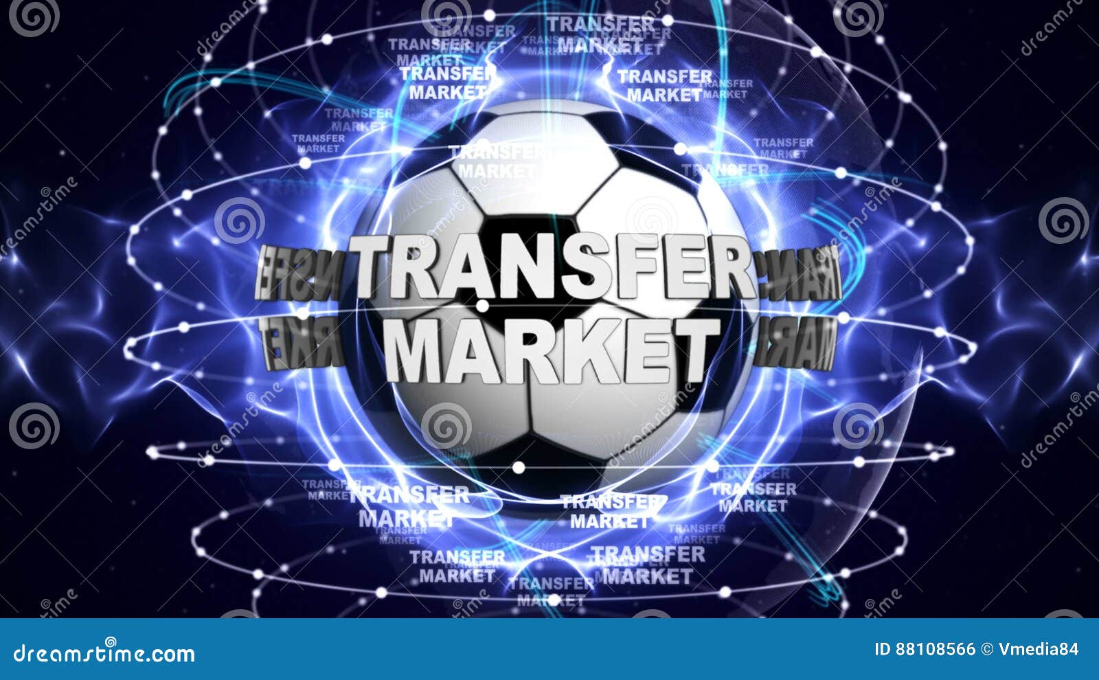 TRANSFER MARKET Text and Soccer Ball, Rendering, Graphics Background Stock Illustration