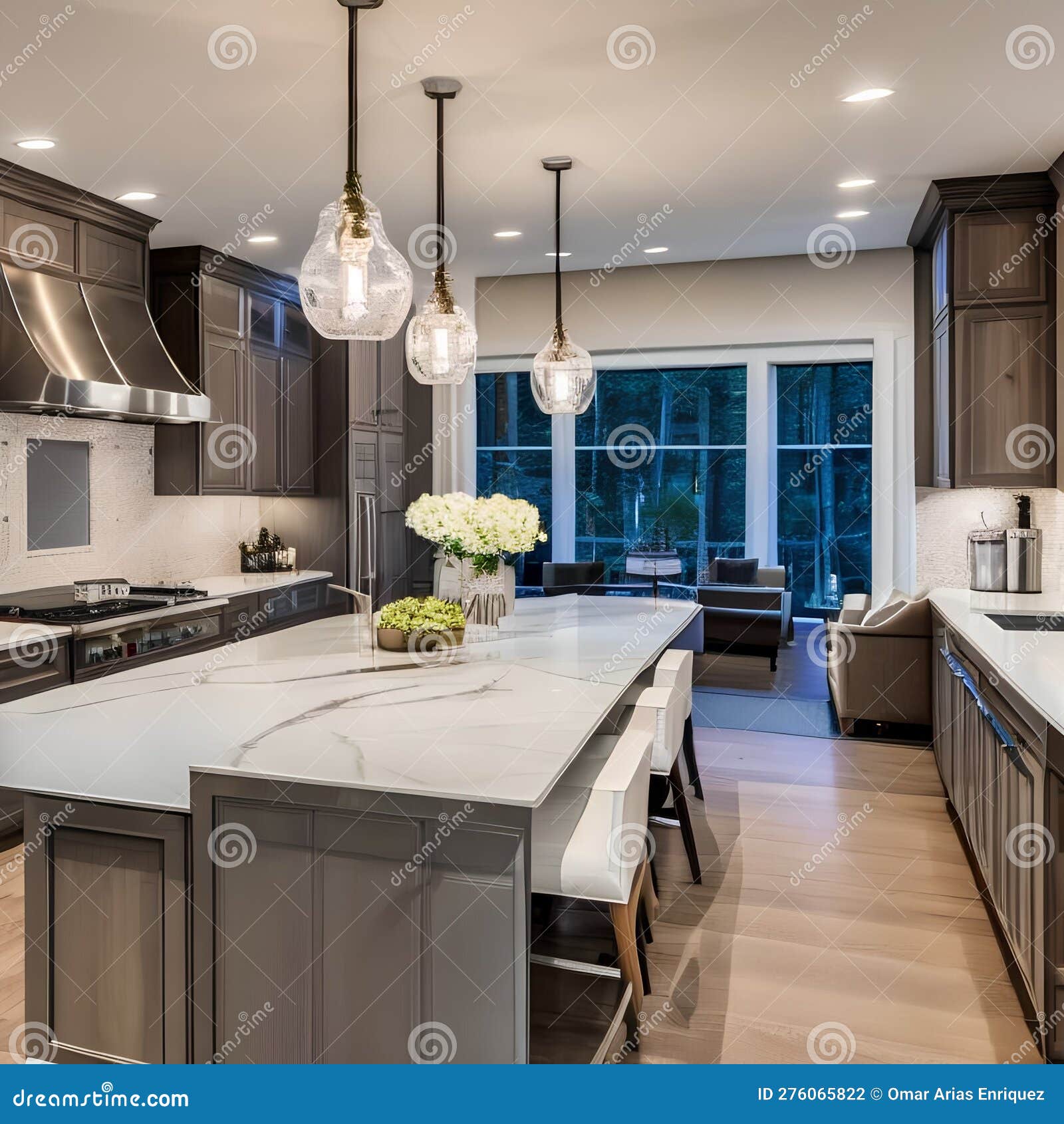 20 a transitional-style kitchen with a mix of neutral and metallic finishes, a large island with seating, and a mix of open and