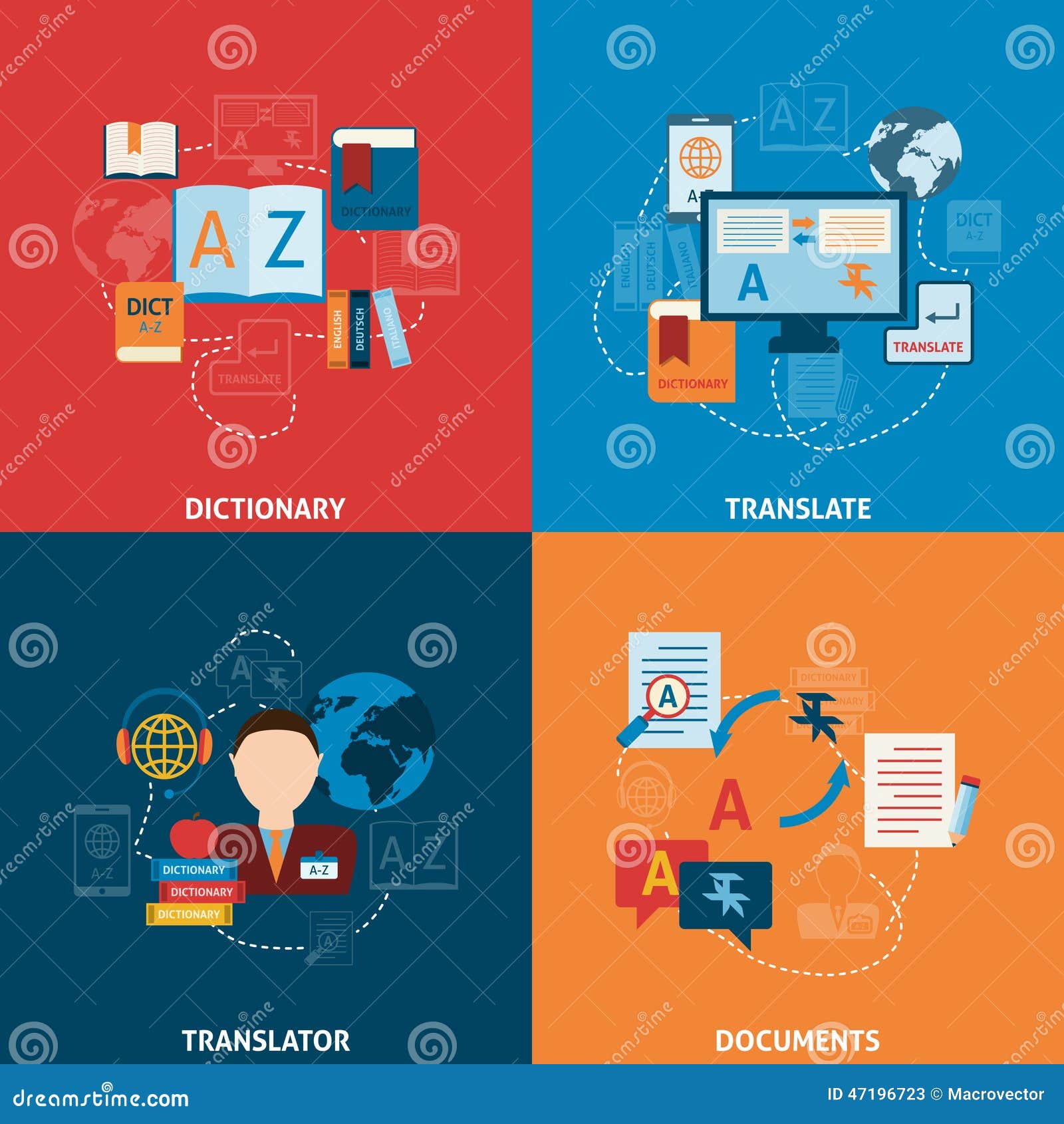 Translation and Dictionary Flat Icons Composition Stock Vector