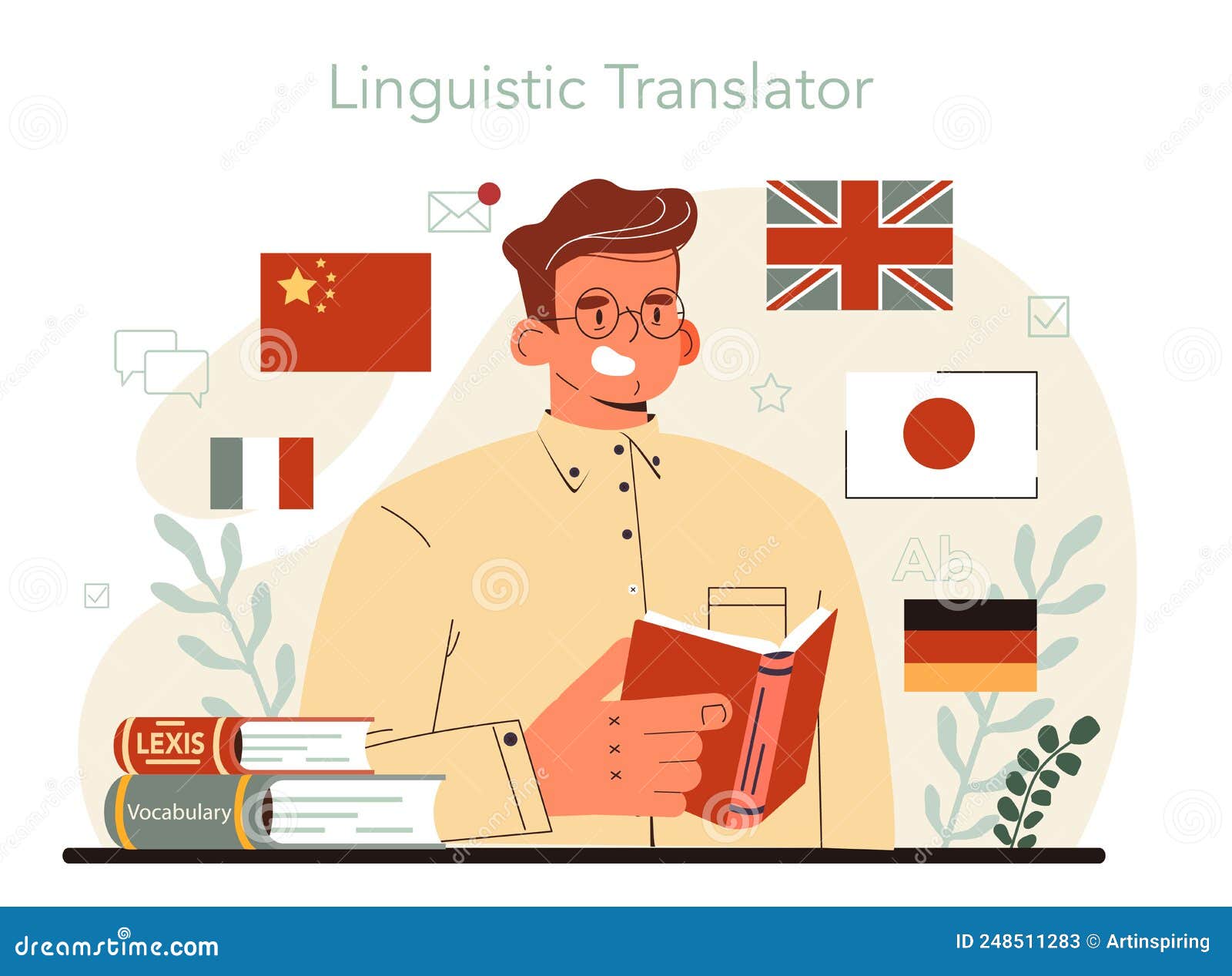 Translator Concept. Linguist Translating Document, Books and Speach