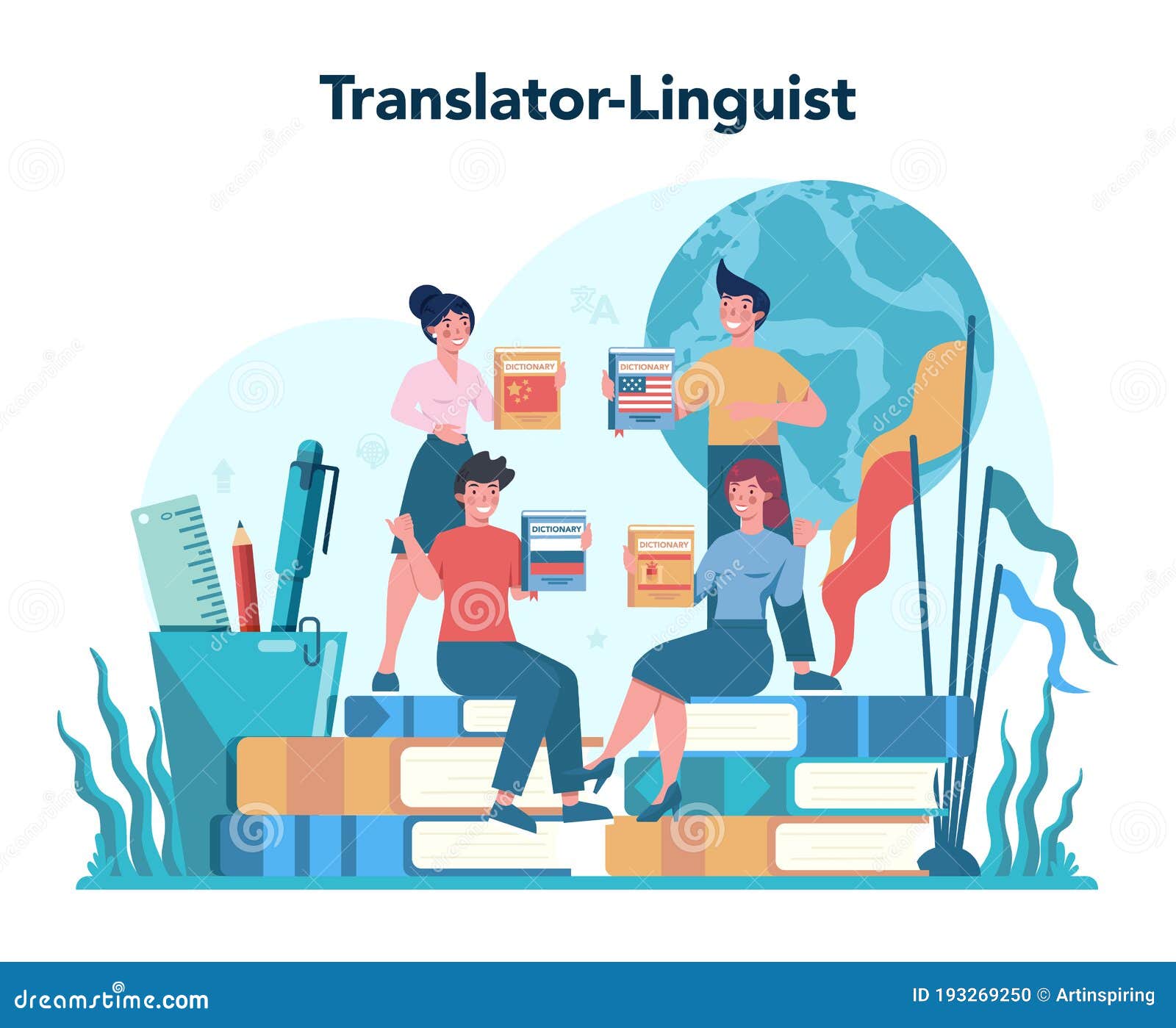 Translator and Translation Service Concept. Polyglot Translating Stock Vector Illustration of