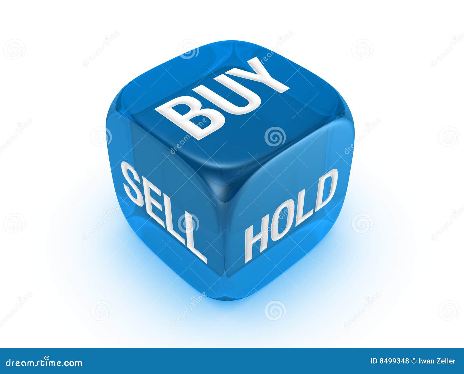 translucent blue dice with buy, sell, hold sign