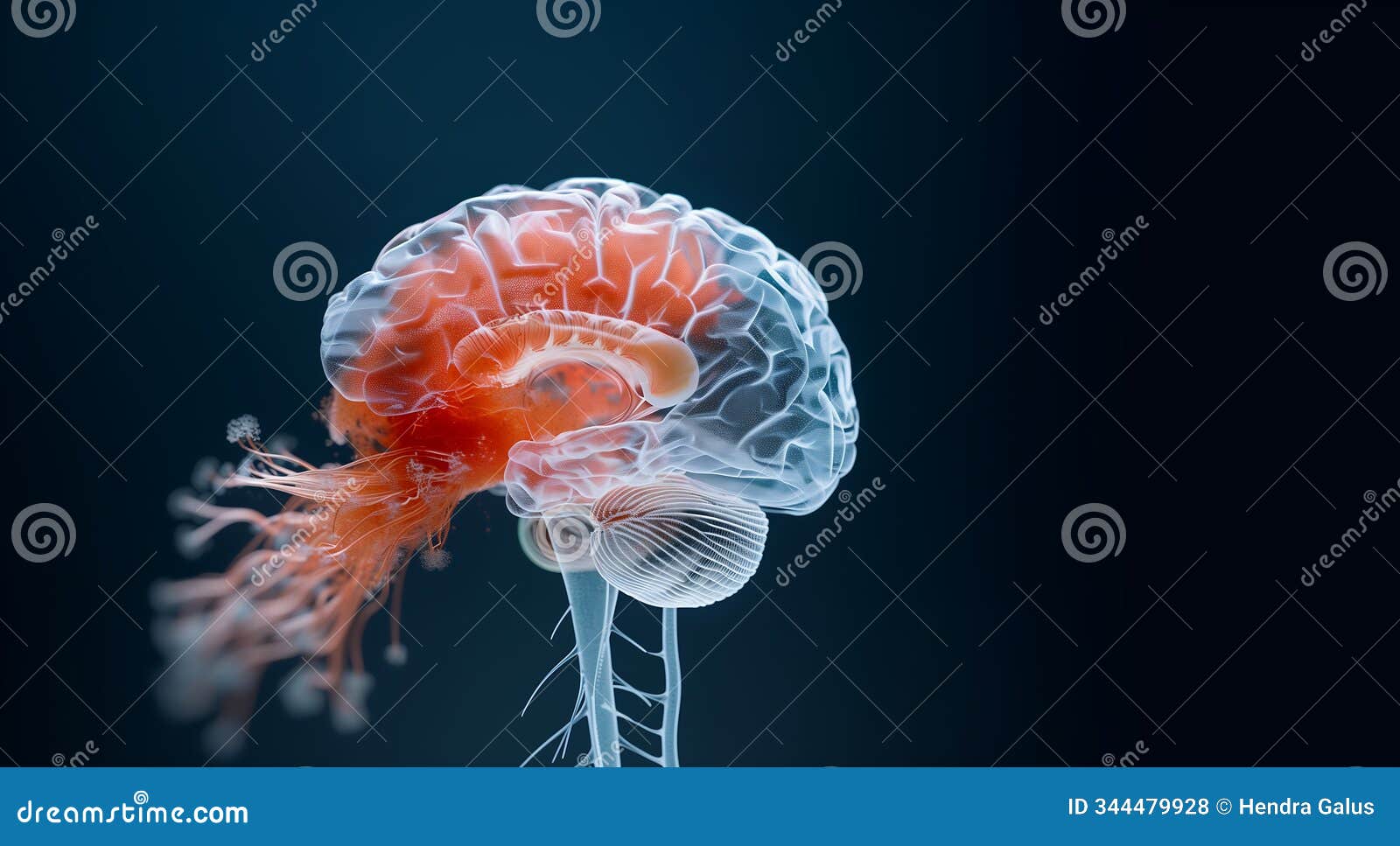 translucent 3d rendering of a human brain with brainstem highlighted in red izing intricate neural network an