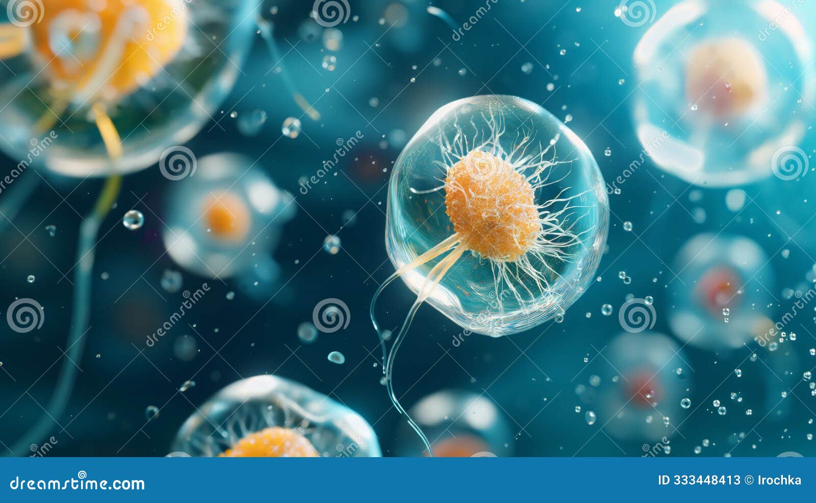 translucent spherical cells in fluid with nuclei and hair-like structures