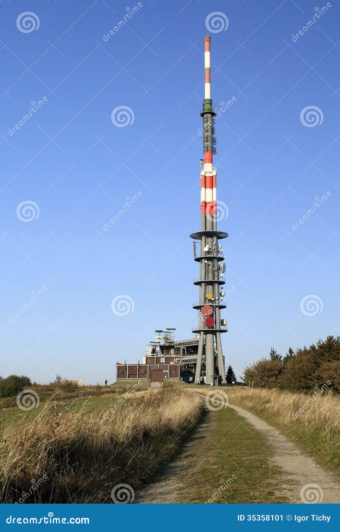 Transmission tower on Velka Javorina. Transmission tower on the top of Velka Javorina, the highest peak of the White Carpathians on the border between the Czech Republic and Slovakia.