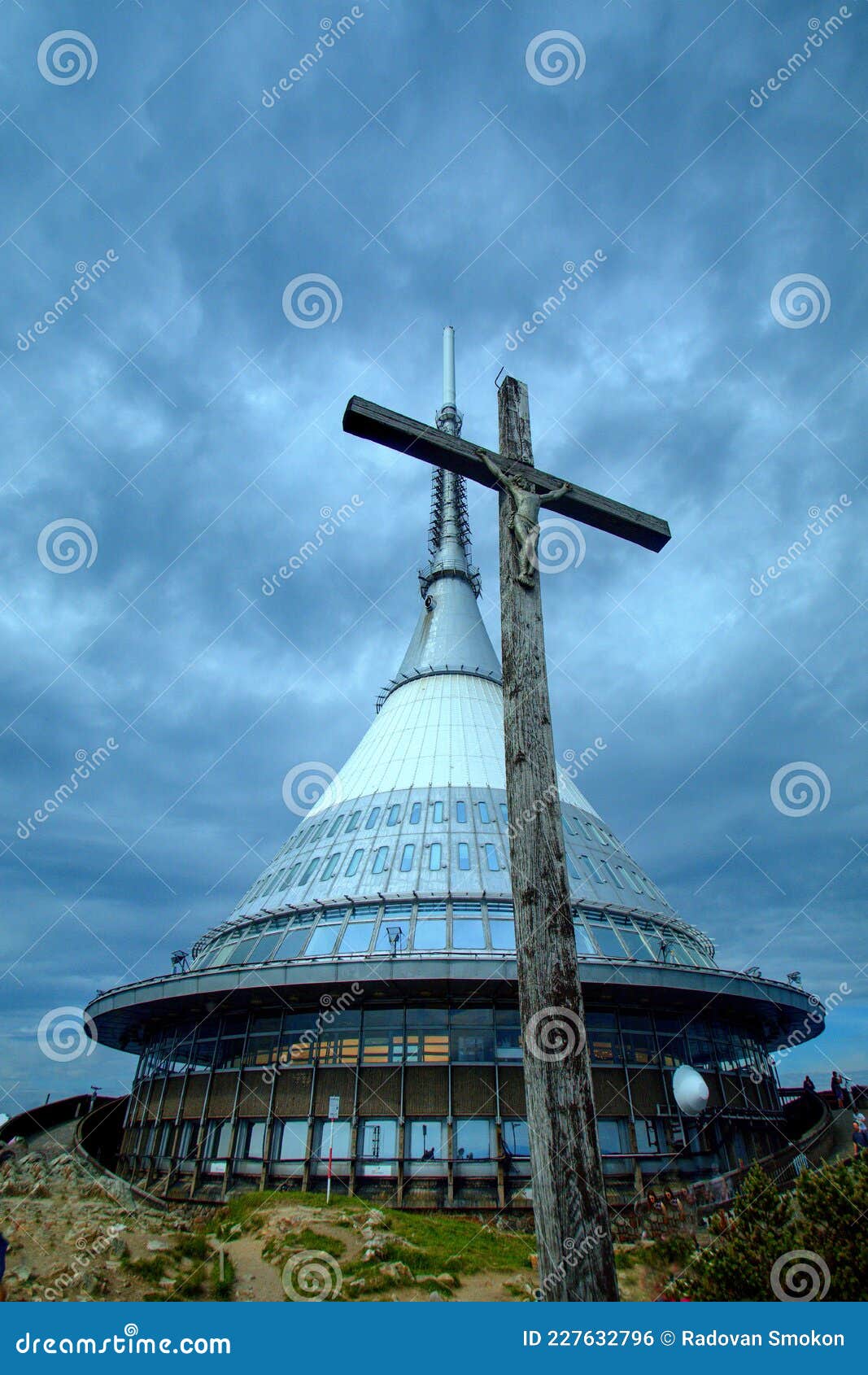 hotel and transmitter and cross above the city of liberec