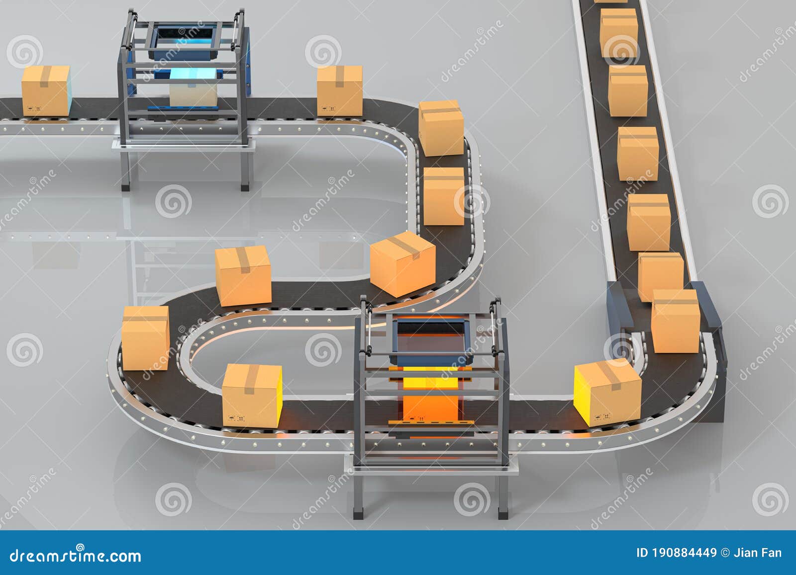 Transmitting of Packaging Box on the Conveyor Belt, 3d Rendering Stock