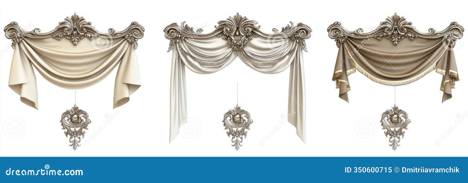 On a Transparent Background, Elegant Draped Curtains are Shown in Three