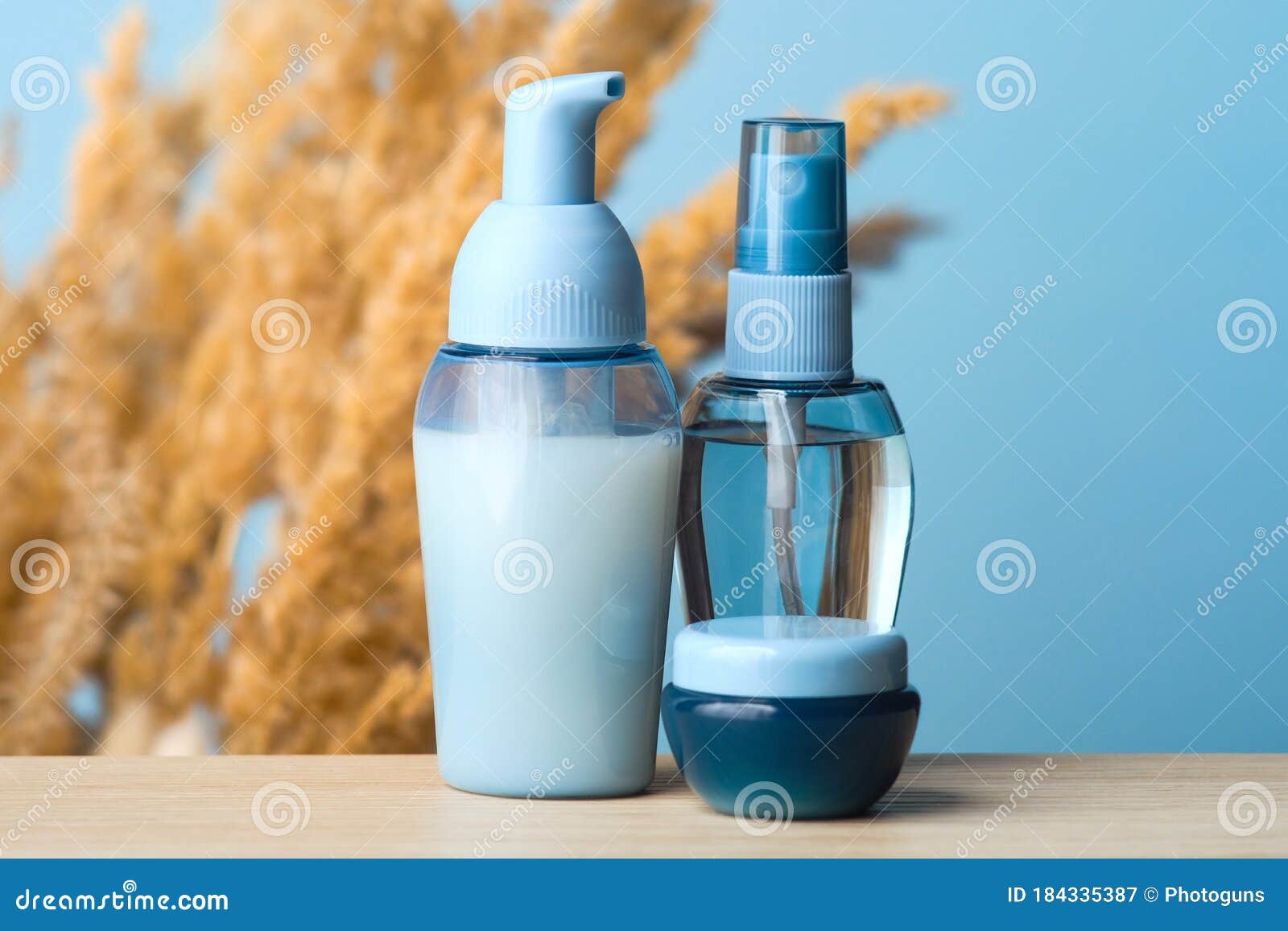 Download Transparent Blue Blank Cosmetic Packaging Mockup. Cosmetic Set Of Cream Jar, Soap Pump Bottles ...