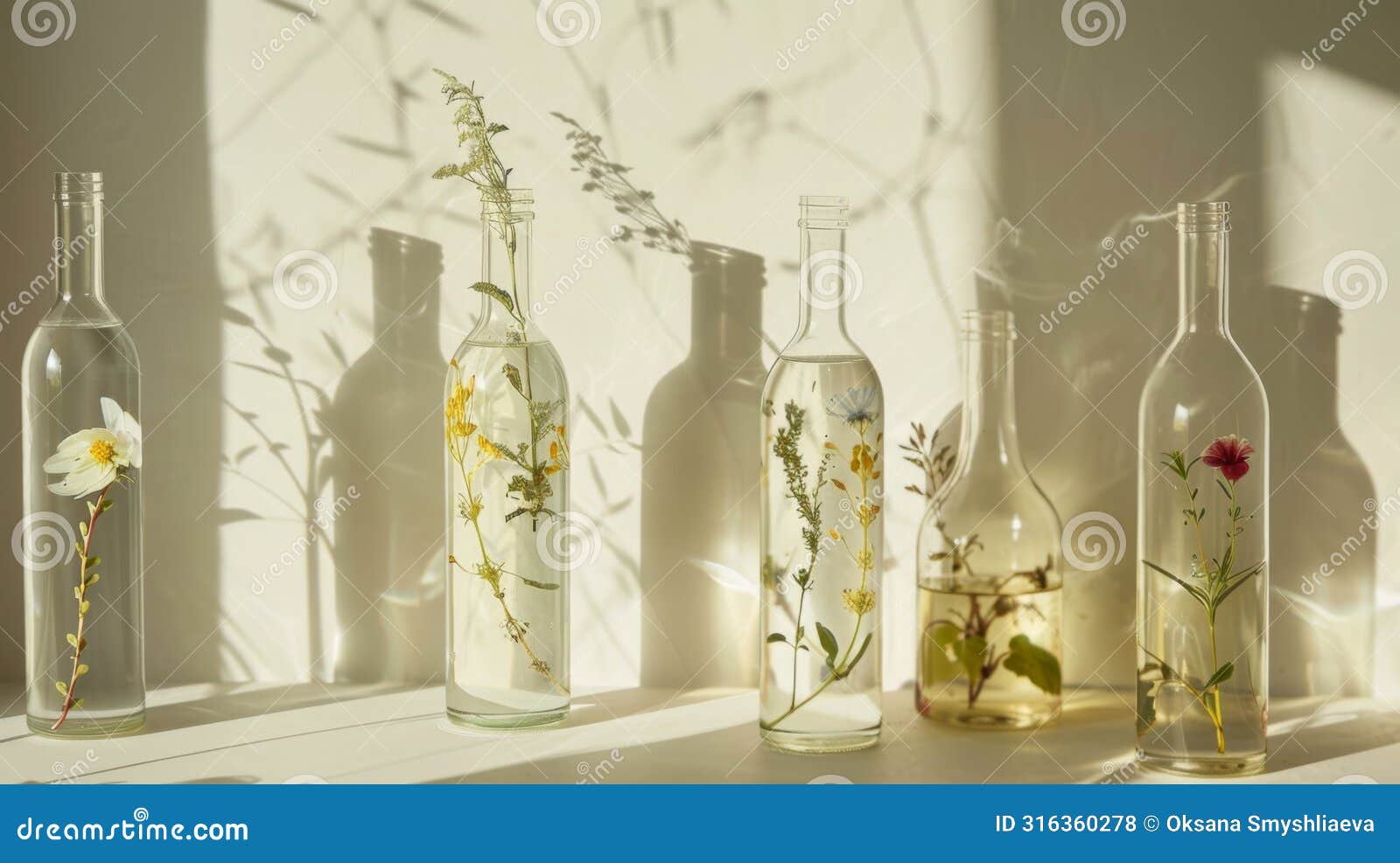 transparent bottles with botanical specimens bask in the natural light, casting delicate shadows that echo an ethereal