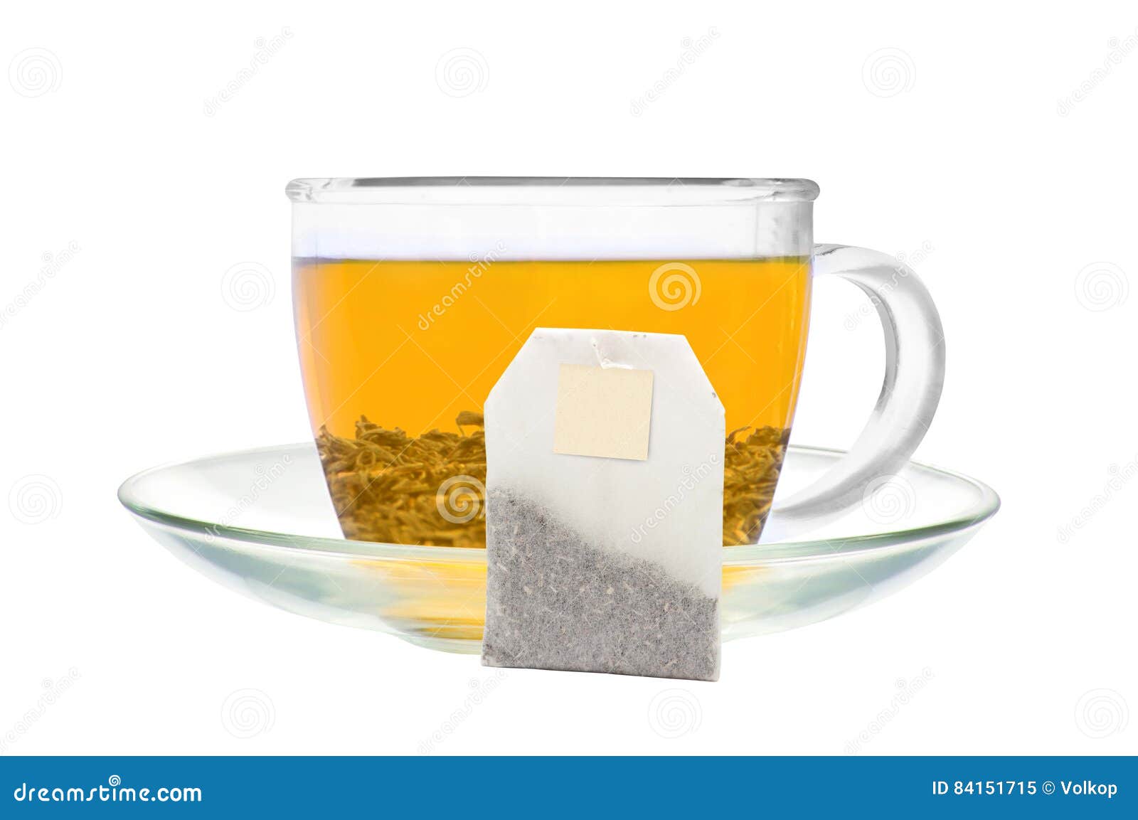 Transparent Cup of Green Tea and Tea Bag Isolated on White Stock Image