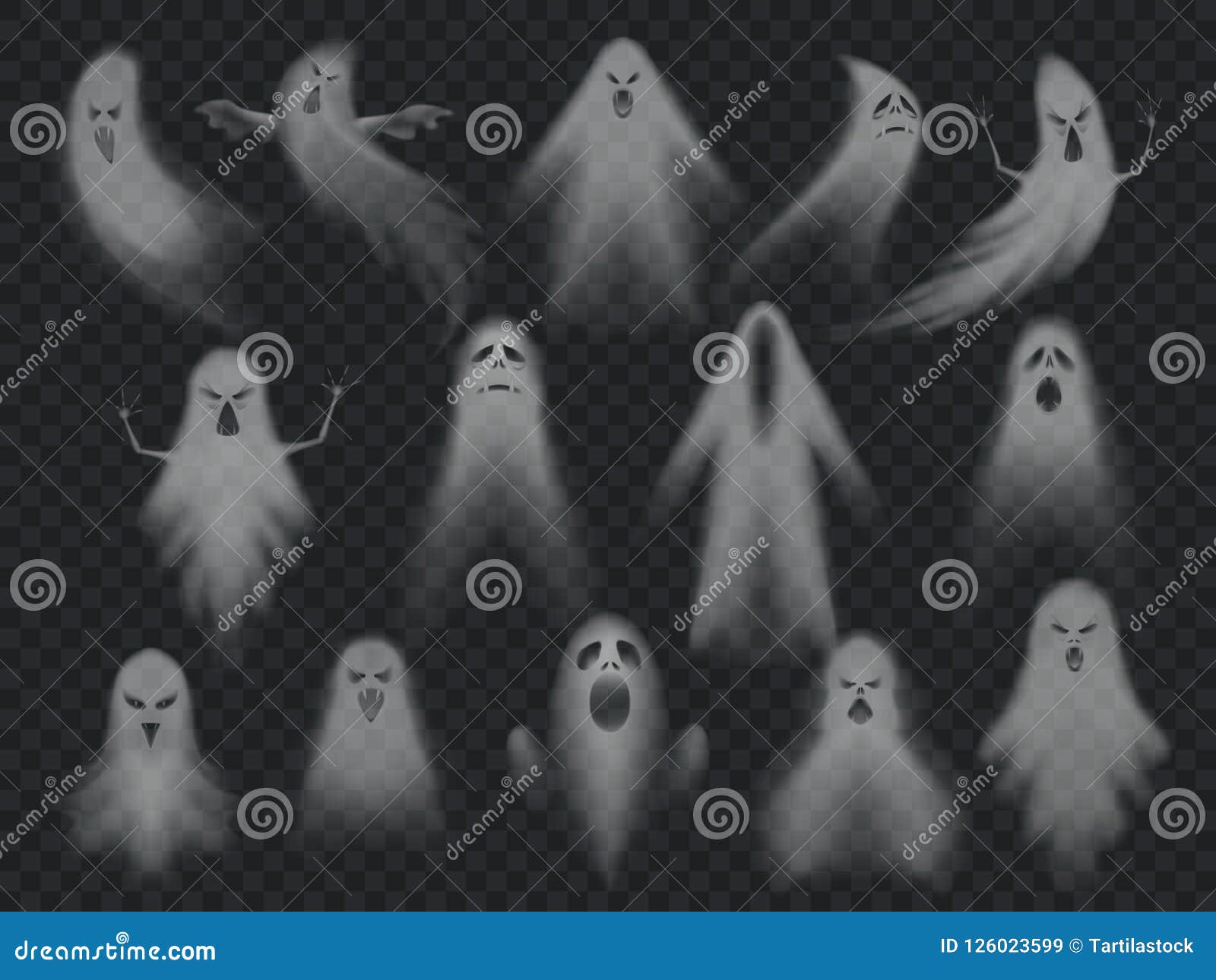 transparent ghost. horror spooky ghosts, halloween night ghostly ghoul. scary phantom   set