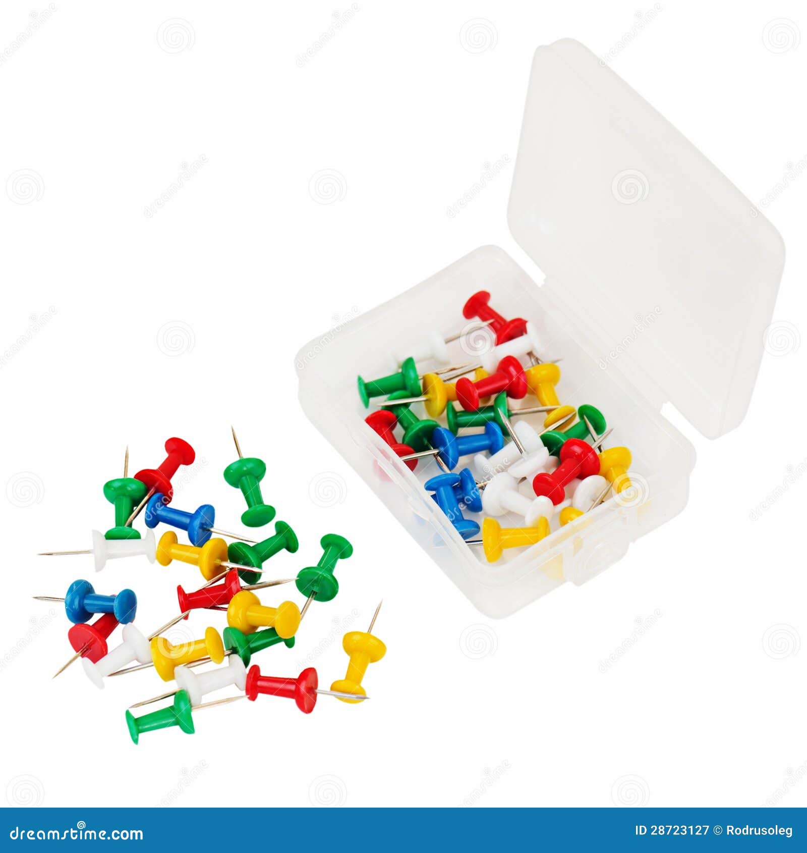 Transparent Plastic Box with Thumbtacks Isolated on White Background