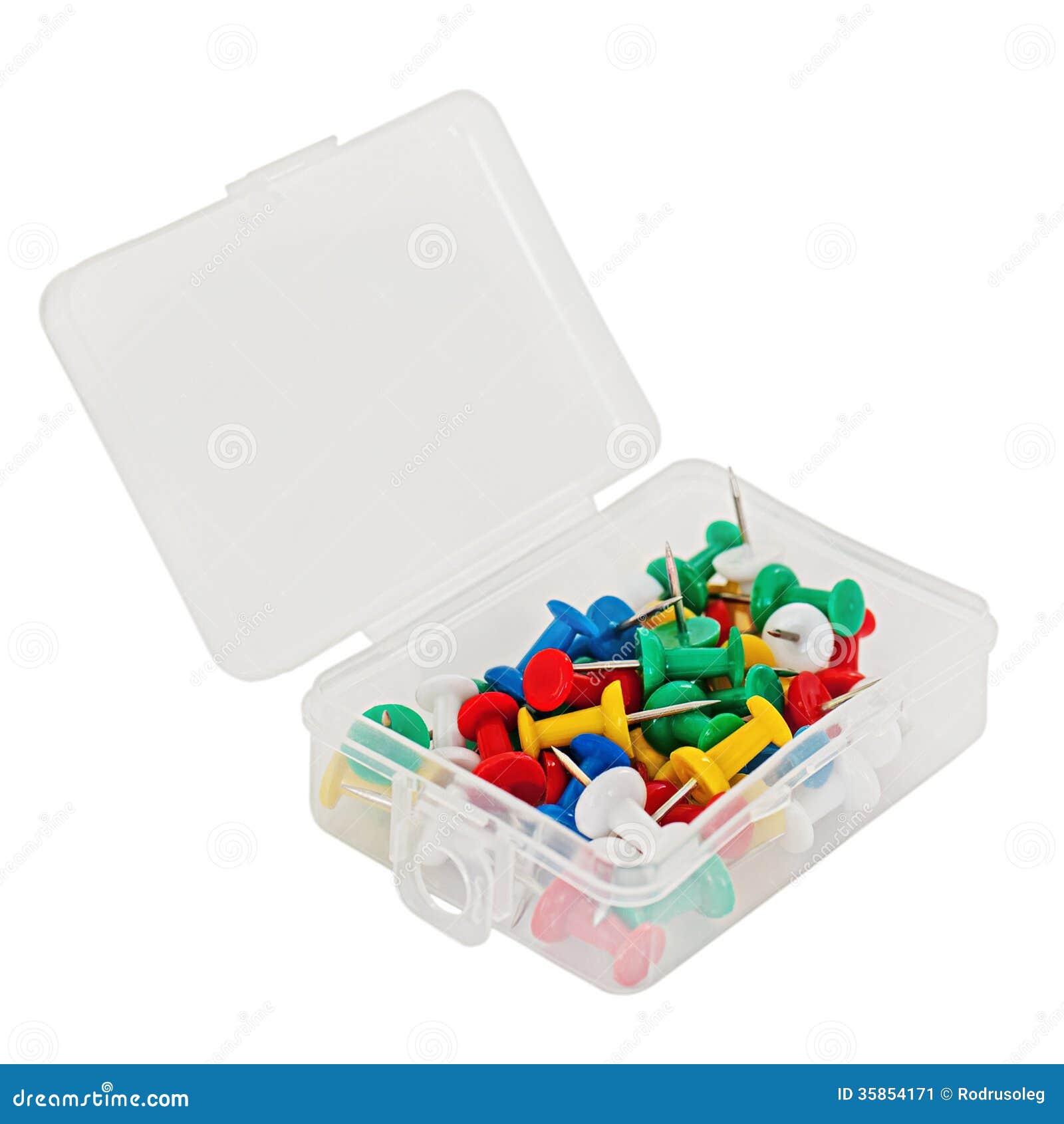 Transparent Plastic Box With Thumbtacks Isolated On White Background