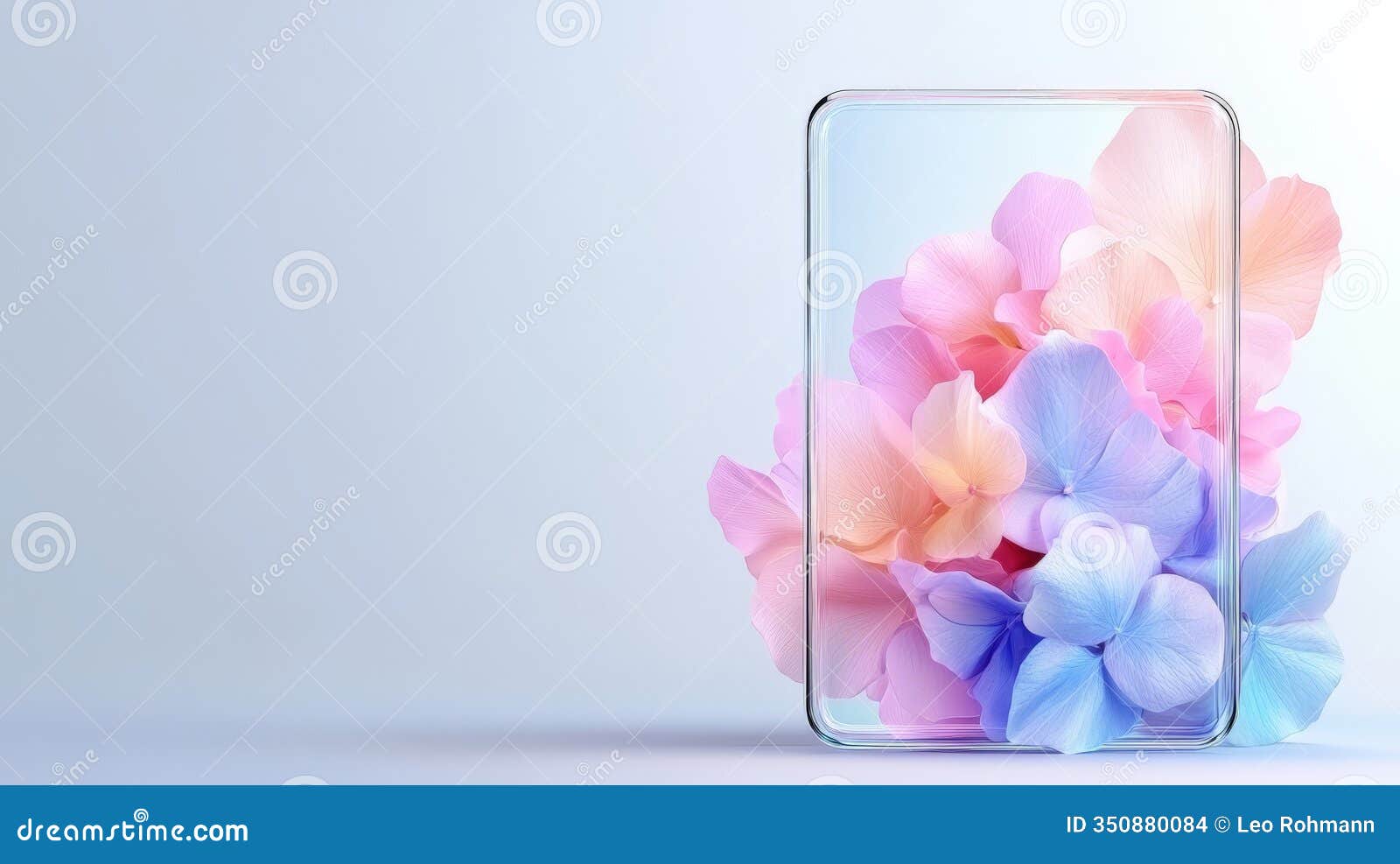 transparent smartphone with delicate pastel colored flower reflections, blending technology and nature for futuristic stock ima