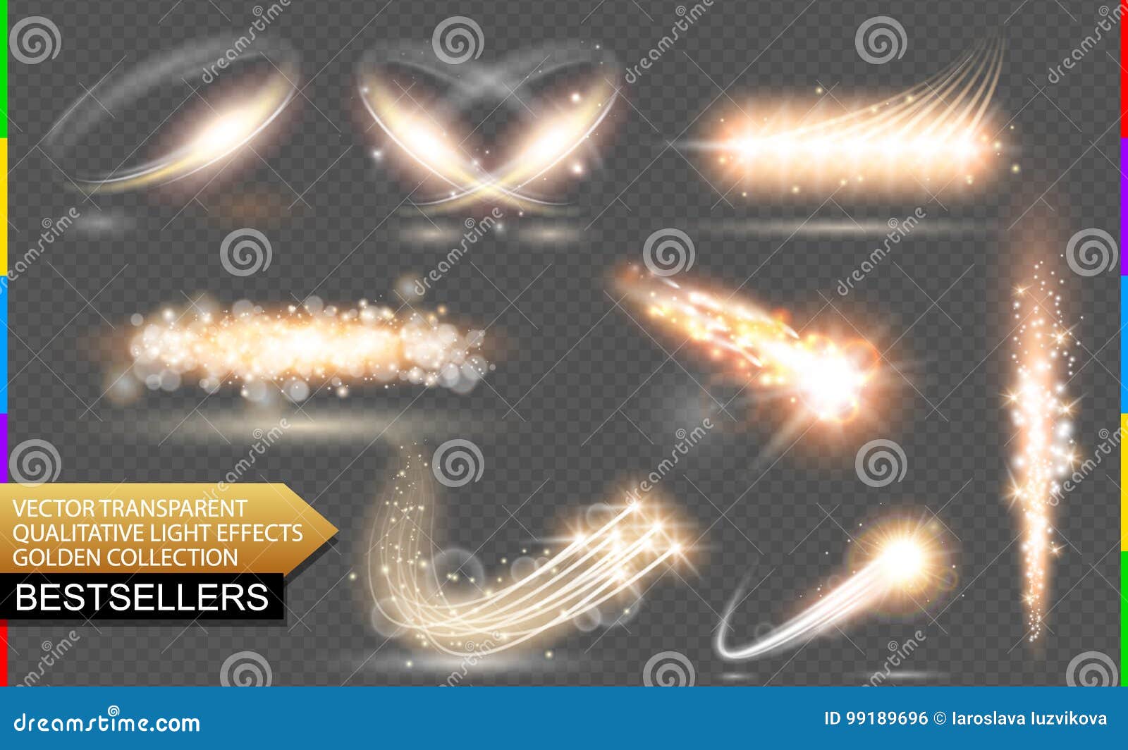 golden flare. transparent  light effect set, glitter, spark, star trail, comet or meteor. abstract translucent