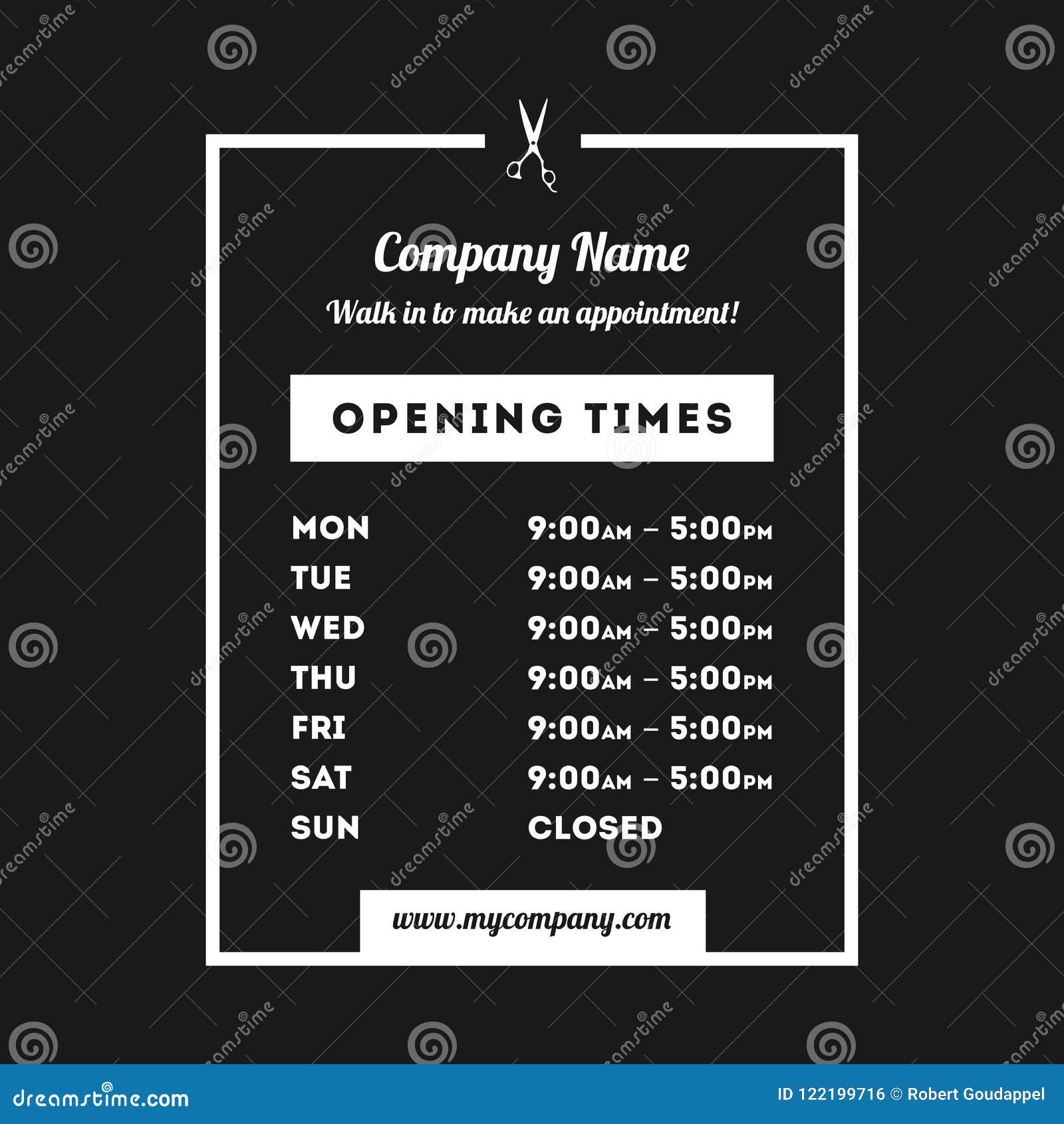 Vector Opening Times Vertical Rectangle Design Hairdresser Stock Vector