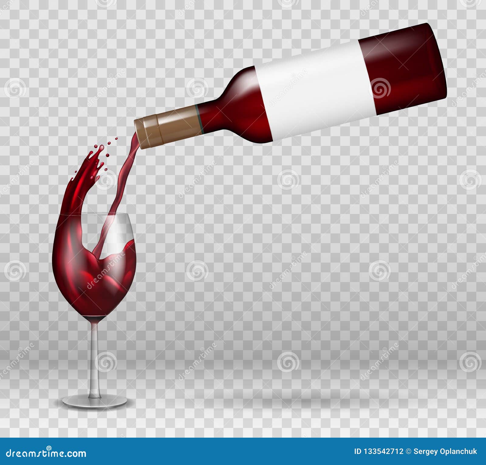 transparent wine bottle and wineglass mockup with reflection. red wine liquid pouring down with splash in glass 