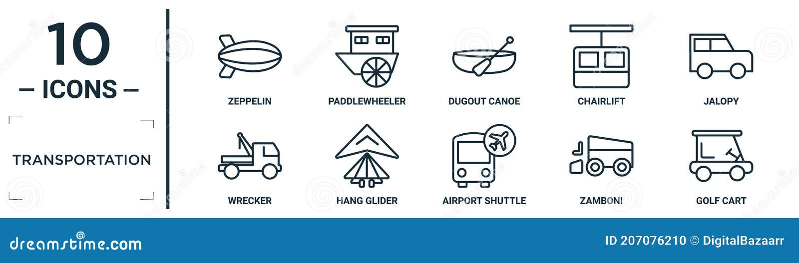 transportation linear icon set. includes thin line zeppelin, dugout canoe, jalopy, hang glider, zamboni, golf cart, wrecker icons