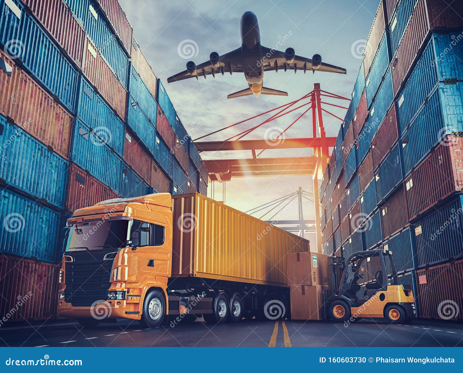 Transportation And Logistics Of Container Cargo Ship And Cargo Plane Stock Illustration Illustration Of Road Highway 160603730