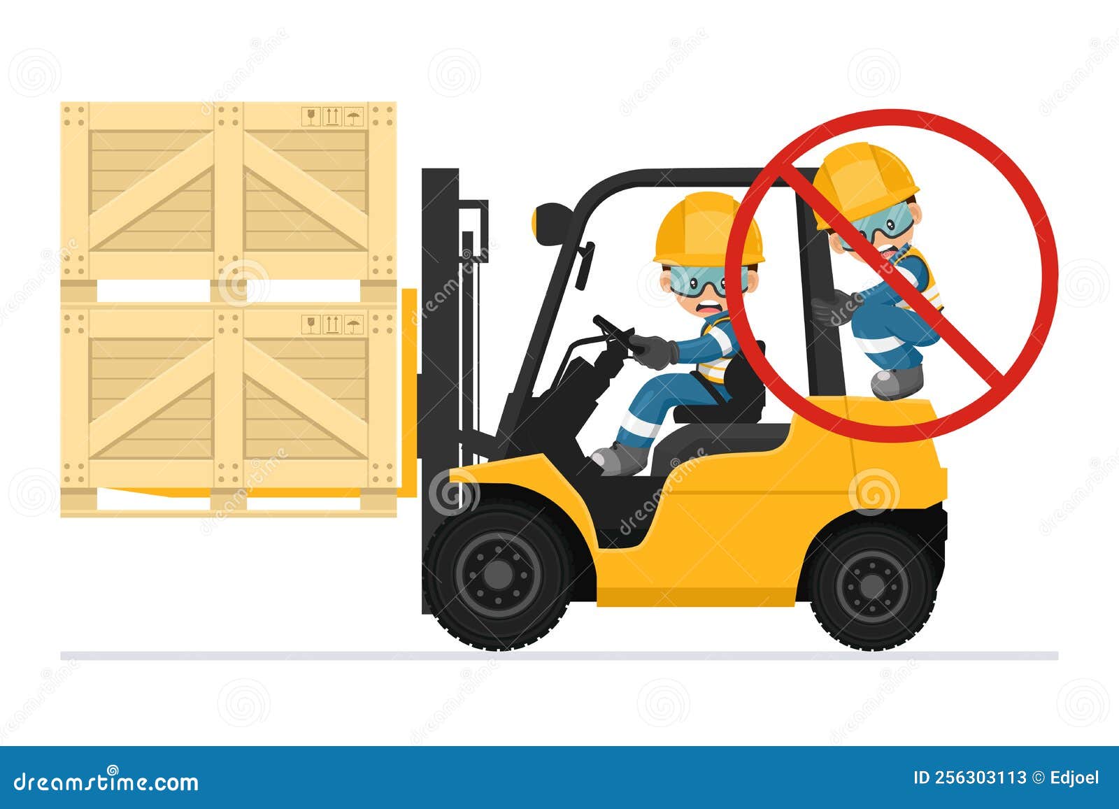 Transporting people on the forklift is prohibited. Fork lift truck transporting a wooden box packing pallet. Work accident in a warehouse. Security First. Industrial Safety and Occupational Health vector