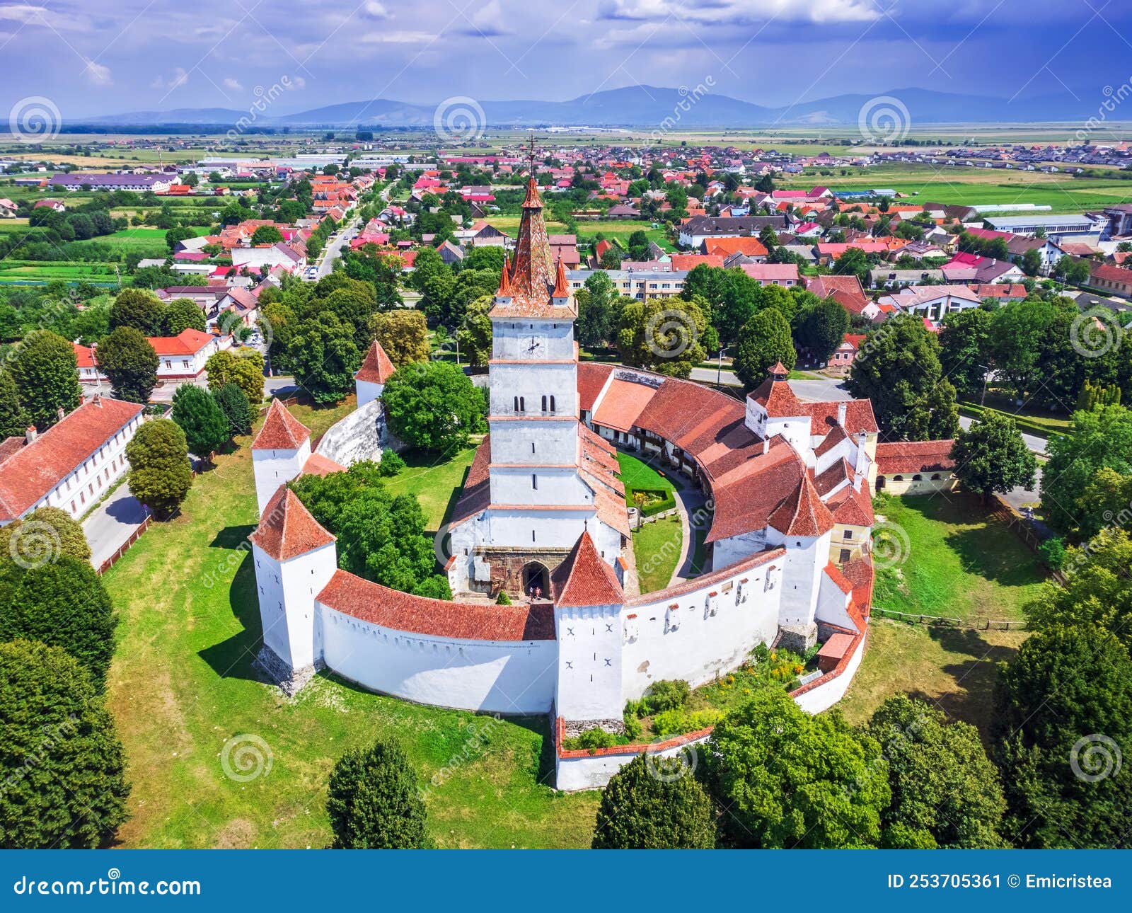 transylvania, romania. harman fortified church aerial view