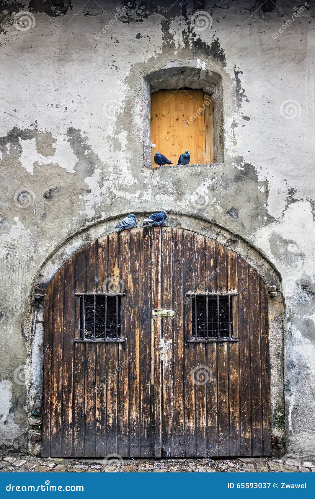 Trappe en bois médiévale. Image d'une porte en bois médiévale avec des barres et des pigeons