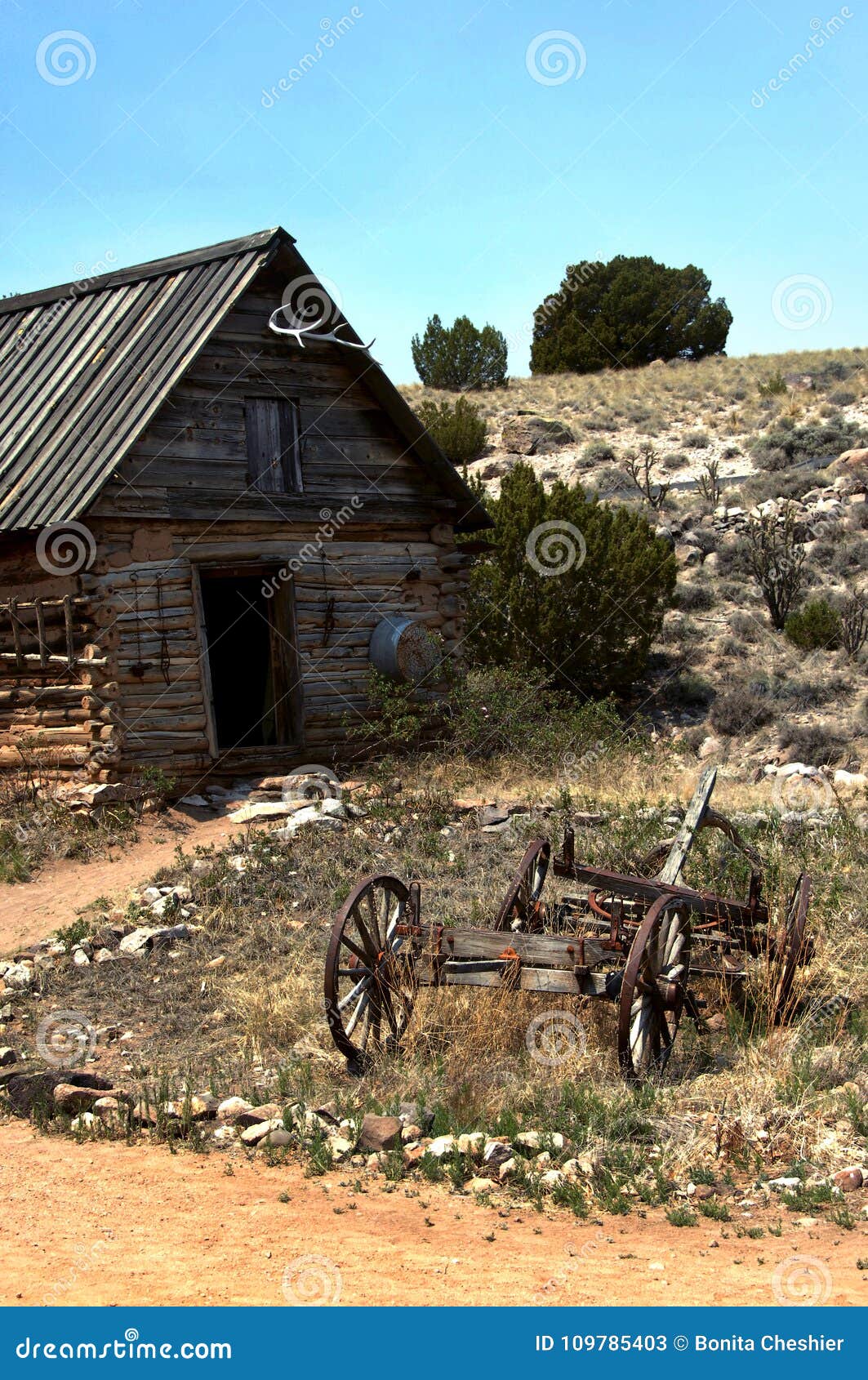 trapper`s cabin with wagon