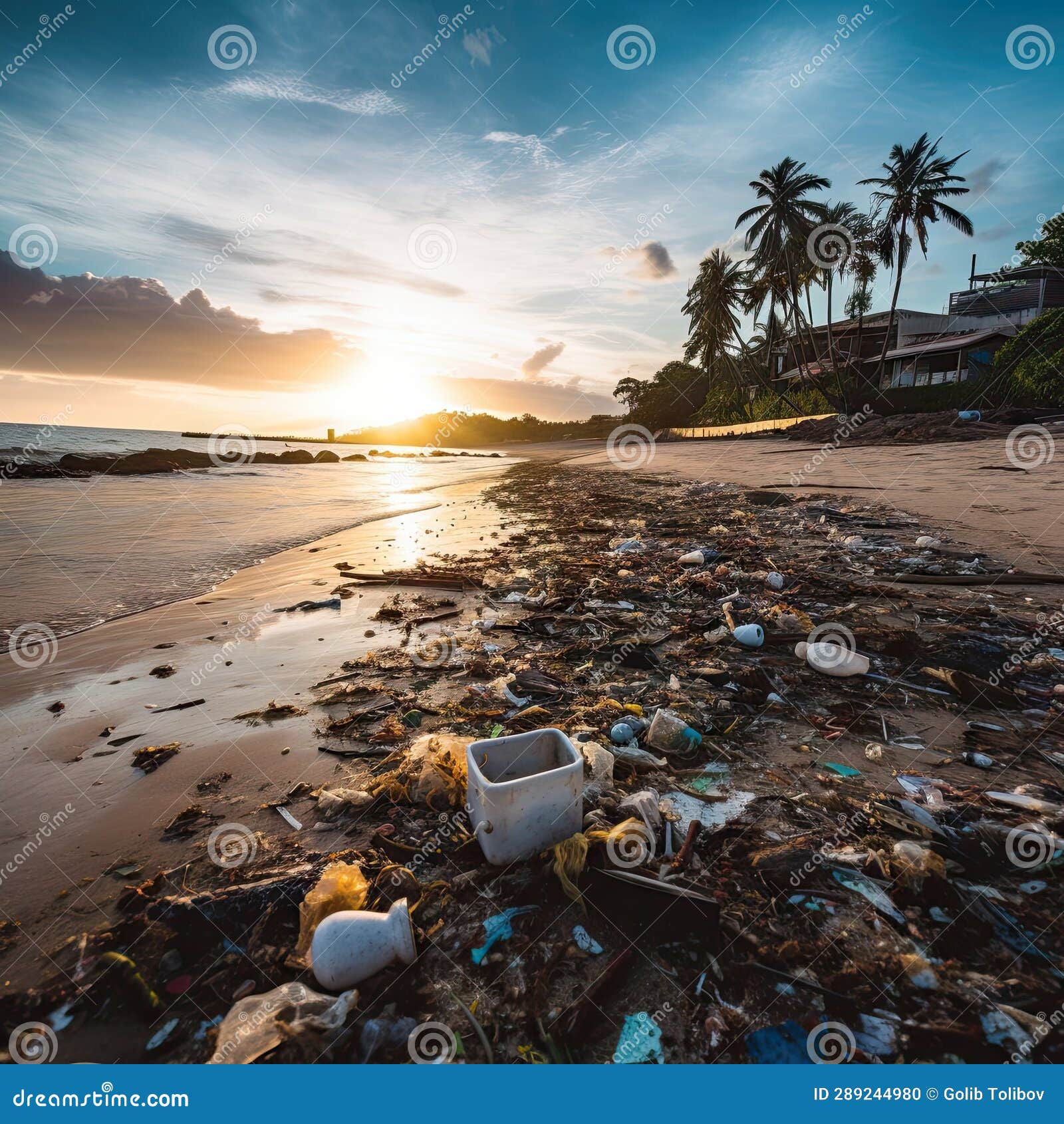 A Beach Covered in Garbage at Sunset Stock Illustration Illustration