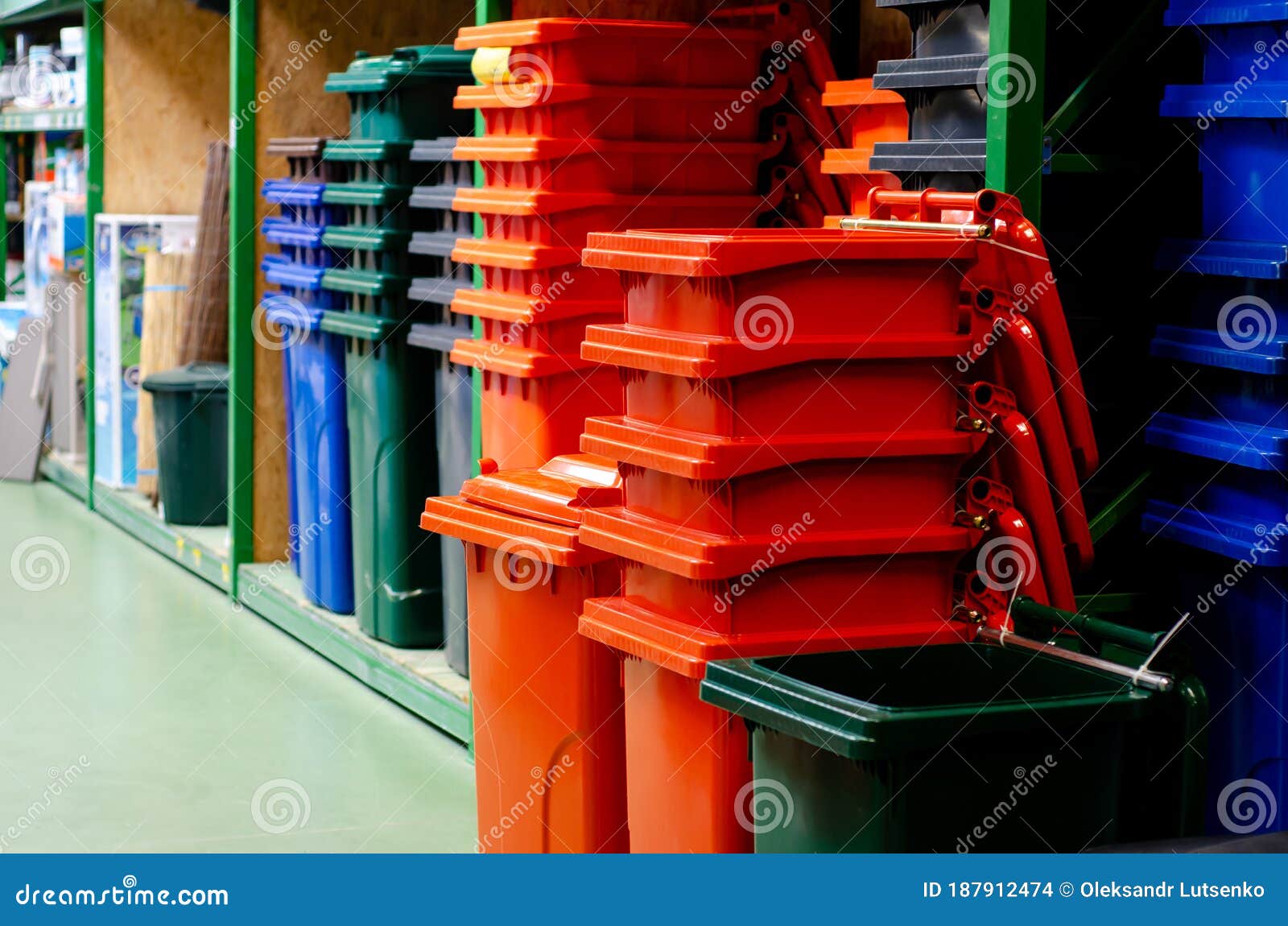 Trash Bins for Sale in the Store Stock Photo Image of garbage, blue